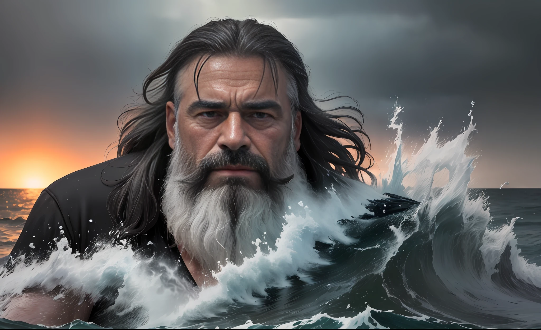 Photo of the world's most beautiful artwork featuring a 45-year-old man, long hair and gray beard swimming in the sea, crying(vibrant, realistic photo, realistic, dramatic, dark, sharp focus, 8K), (global lighting, gloomy environment, volumetric half light)