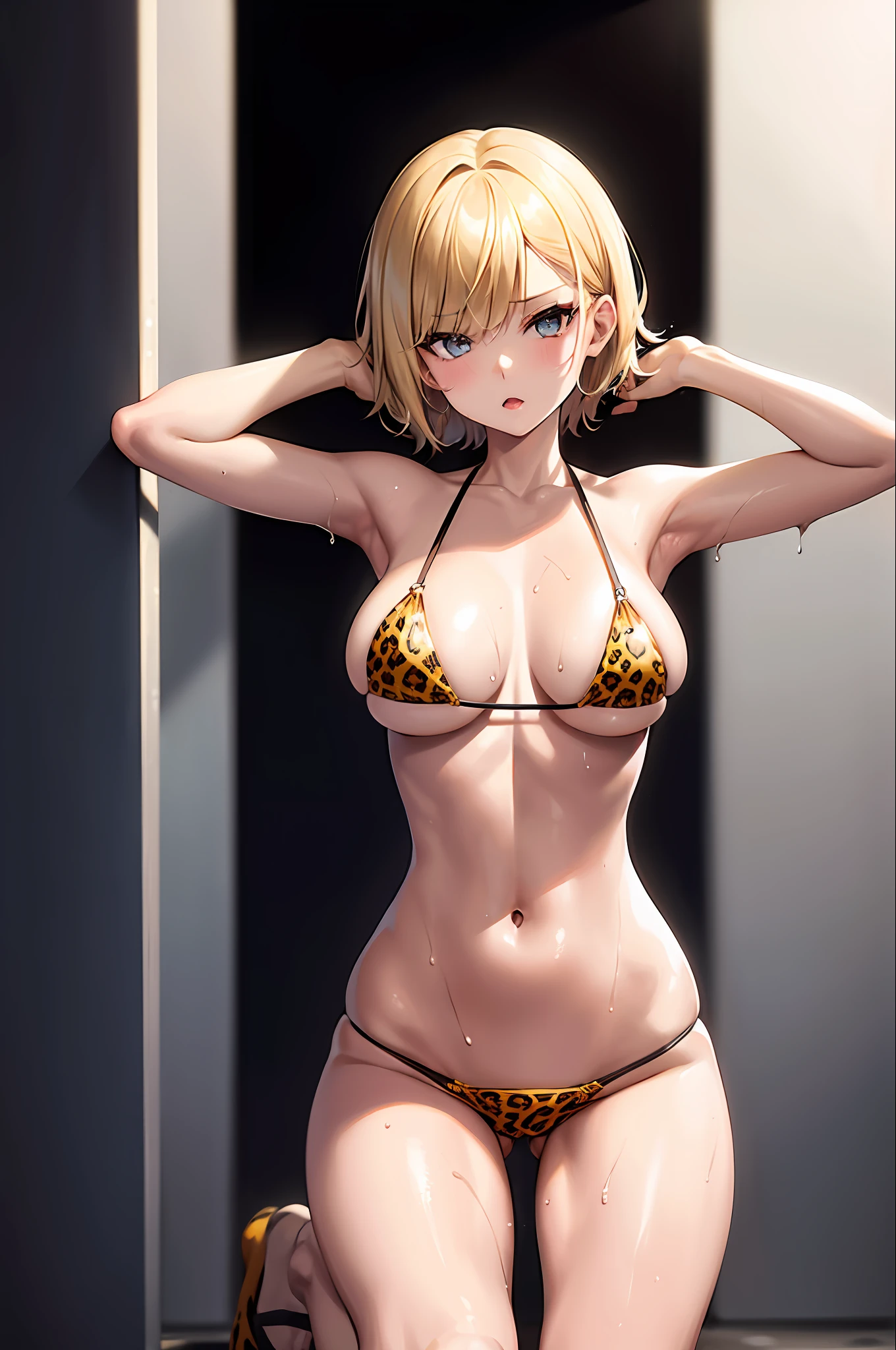 One girl, squatting with open legs, leopard print micro bikini, young, cute, beautiful girl, blonde short hair, huge, wet body, perfect body, straight ahead, looking at the viewer, seaside, best image quality, best quality, super high definition, masterpiece,