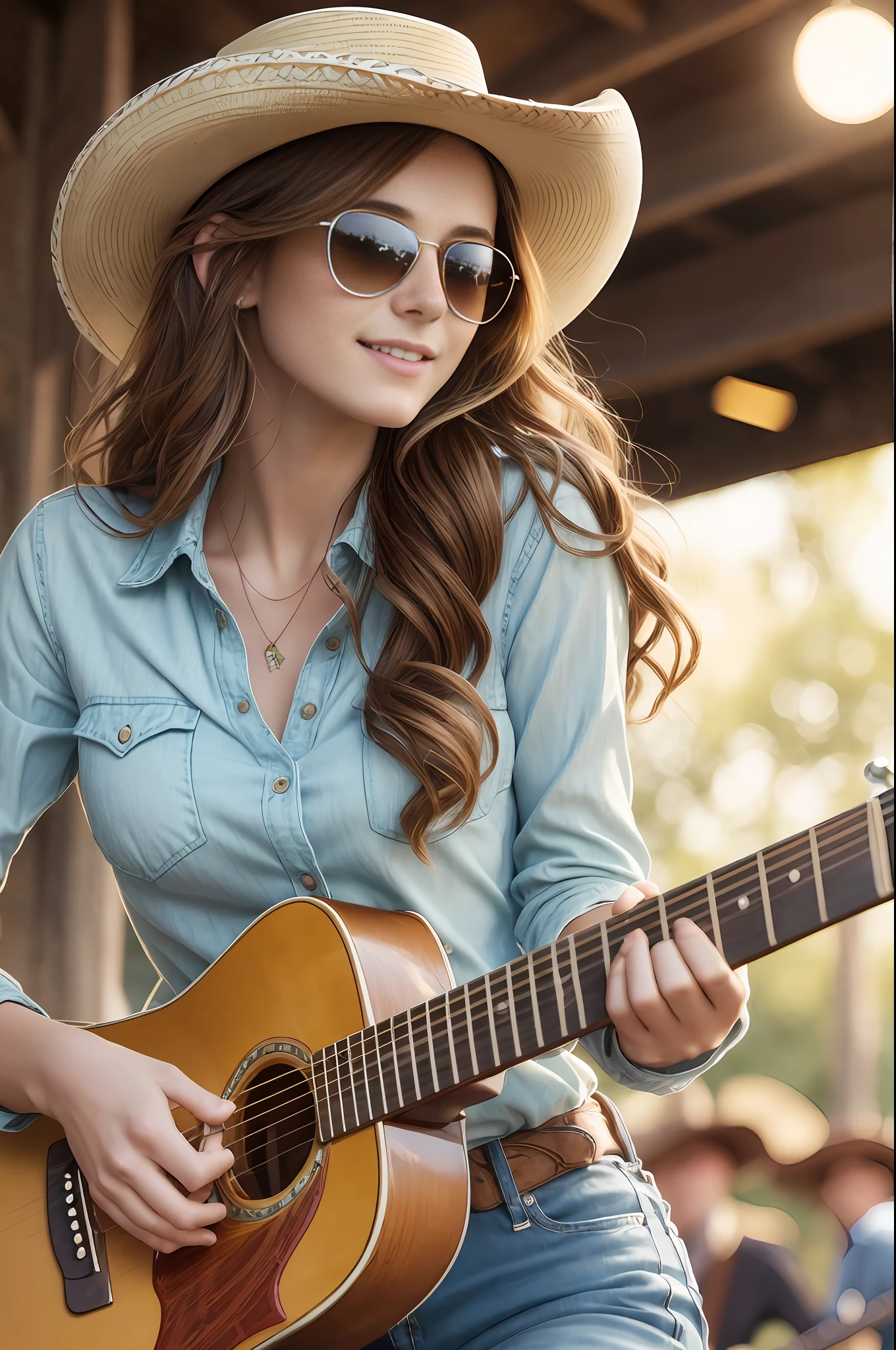 absurdres, RAW photo, highest quality, (masterpiece: 1.3), high detail RAW color photo, professional photo, extremely detailed CG 8k wallpaper unit, photo-realistic, realistic, RAW photo, masterpiece, best quality, highres,
1girl, 19 YEARS OLD, white, reddish brown hair, wavy, Average length, random hairstyle, beautiful body, thin legs, perfect beautiful face, beautiful light green realistic eyes, fair skin, detailed skin texture, very small natural breasts. Smiling. She looks amazing. Playing fender electric guitar and singing in a country band. (Cowboy hat, plaid shirt with neckline, Ray Ban sunglasses, simple design). Rodeo party at night.