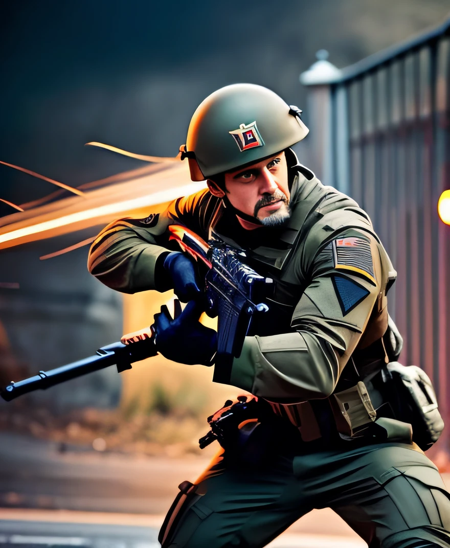 Dynamic action shot of soldier from Hellgate London cinematic shot on canon 5d ultra realistic Rory Lewis Artgerm WLOP Jeremy Lipking Jane Ansell studio lighting, atmospheric