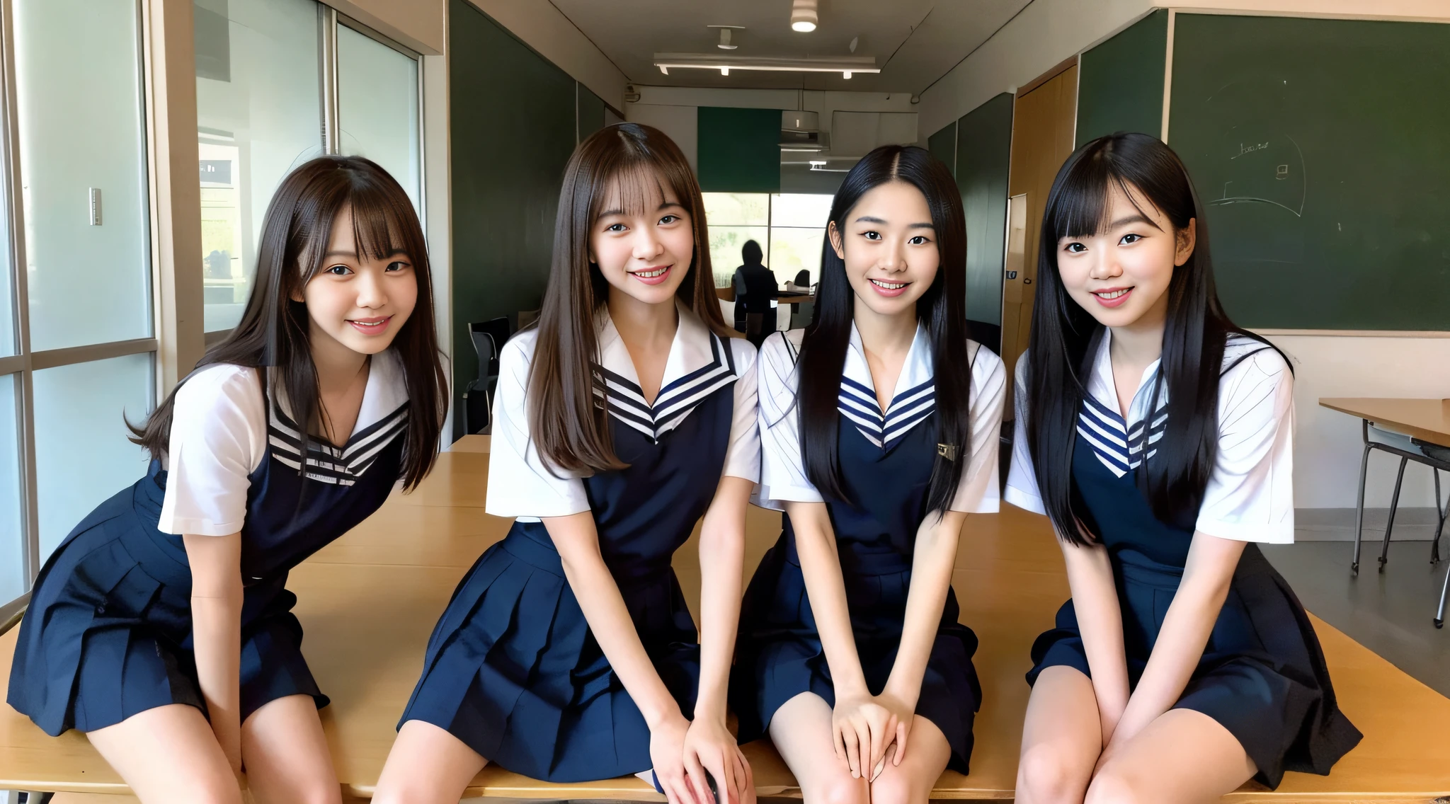 (8k, RAW photo, top quality, masterpiece: 1.2), super detail, super resolution, (real, real photo: 1.37), portrait, high resolution RAW color photo, professional photo, very detailed and beautiful, ultra high quality (looking over here with tongue out), 8k wallpaper, amazing details, huge file size, very detailed beautiful girls, face with different patterns, sitting on the desk, Beautiful legs extended, elongated legs, having a conversation in school classroom, waist flicker, modern cute high school girl, very detailed face very detailed eyes, very realistic skin, very detailed fingers, very detailed nose, very detailed mouth, perfect anatomy, very detailed sailor suit, very detailed background, after school, smiling school girls are gathered in the hallway of the school. They are in uniform, and the blackboard is faintly visible in the background. The bright windows illuminate the classrooms, revealing the details of their hair and uniforms. They enjoy chatting in natural poses and seem to have memorable conversations. Smiles are overflowing, fun spreads in the hallwaySome children are sticking out their tongues,akkambe, tongue out, teen, cute girl, famous Japan idol, cute, realistic body, slender, white skin, glowing skin, slim body, long straight hair, (dull bangs:1.2), , schoolgirl youth Celebrity level cuteness , pink eye shadow