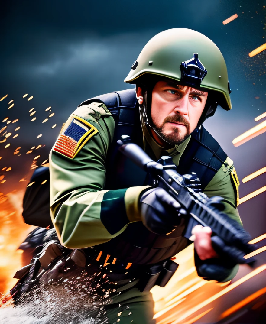 Dynamic action shot of soldier from Hellgate London cinematic shot on canon 5d ultra realistic Rory Lewis Artgerm WLOP Jeremy Lipking Jane Ansell studio lighting, atmospheric