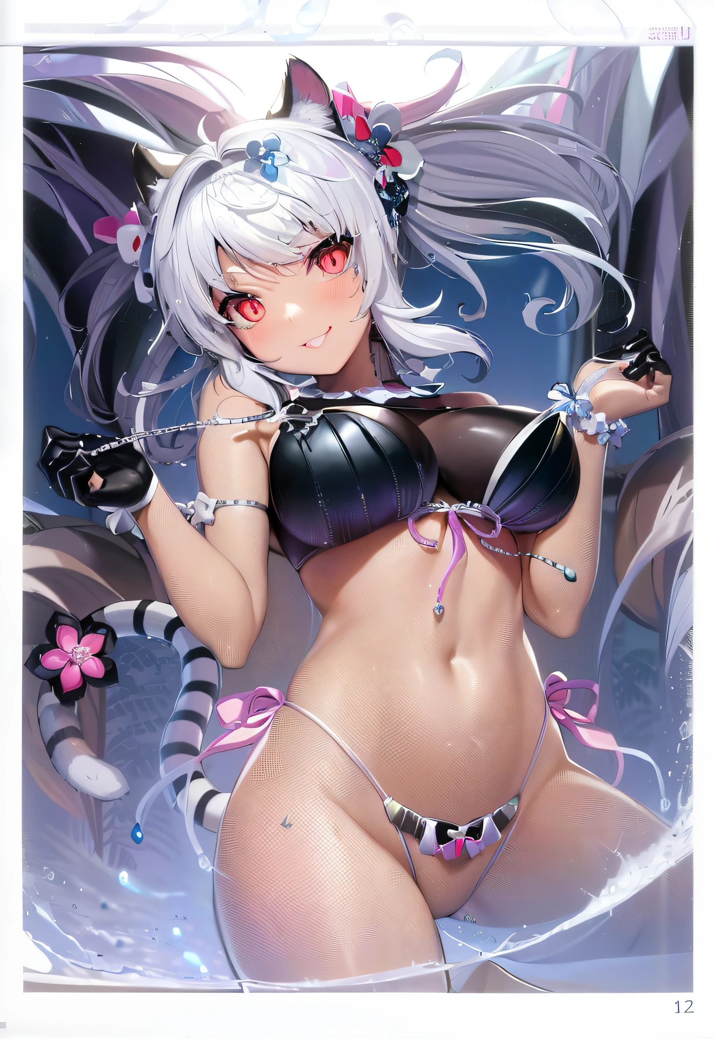 a cartoon picture of a woman in a bikini and a raccoon, very beautiful anime cat girl, white cat girl, cute anime catgirl, seductive anime girl, beautiful anime catgirl, nyaruko-san, clean detailed anime art, anime catgirl, anime goddess, very beautiful cute catgirl, attractive cat girl, small curvy , ecchi anime style