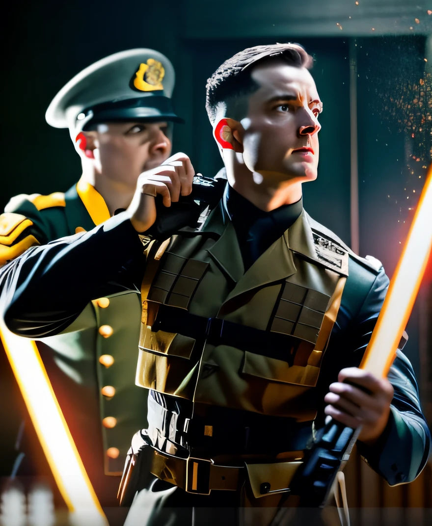 Dynamic action shot of soldier from Hellgate London cinematic shot on canon 5d ultra realistic Rory Lewis Artgerm WLOP Jeremy Lipking Jane Ansell studio lighting, atmospheric
