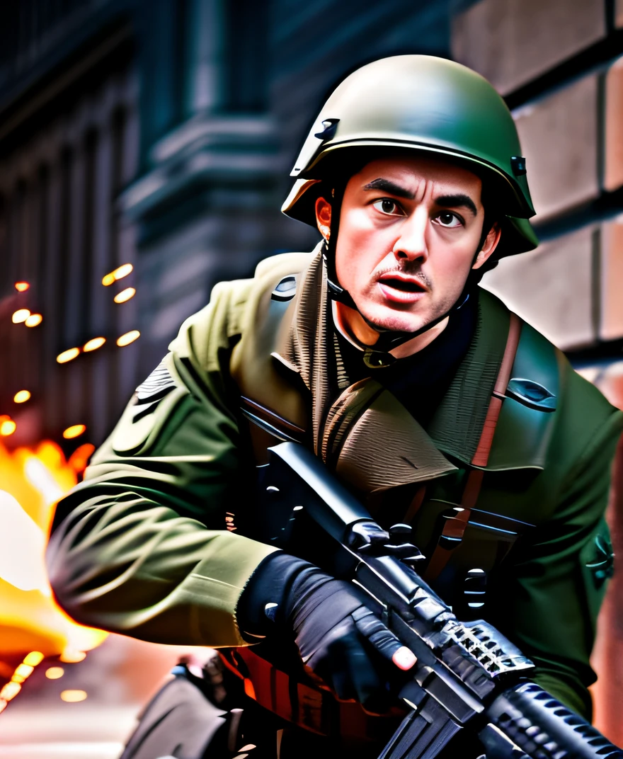 Dynamic action shot of soldier from Hellgate London cinematic shot on canon 5d ultra realistic Rory Lewis Artgerm WLOP Jeremy Lipking Jane Ansell studio lighting, atmospheric