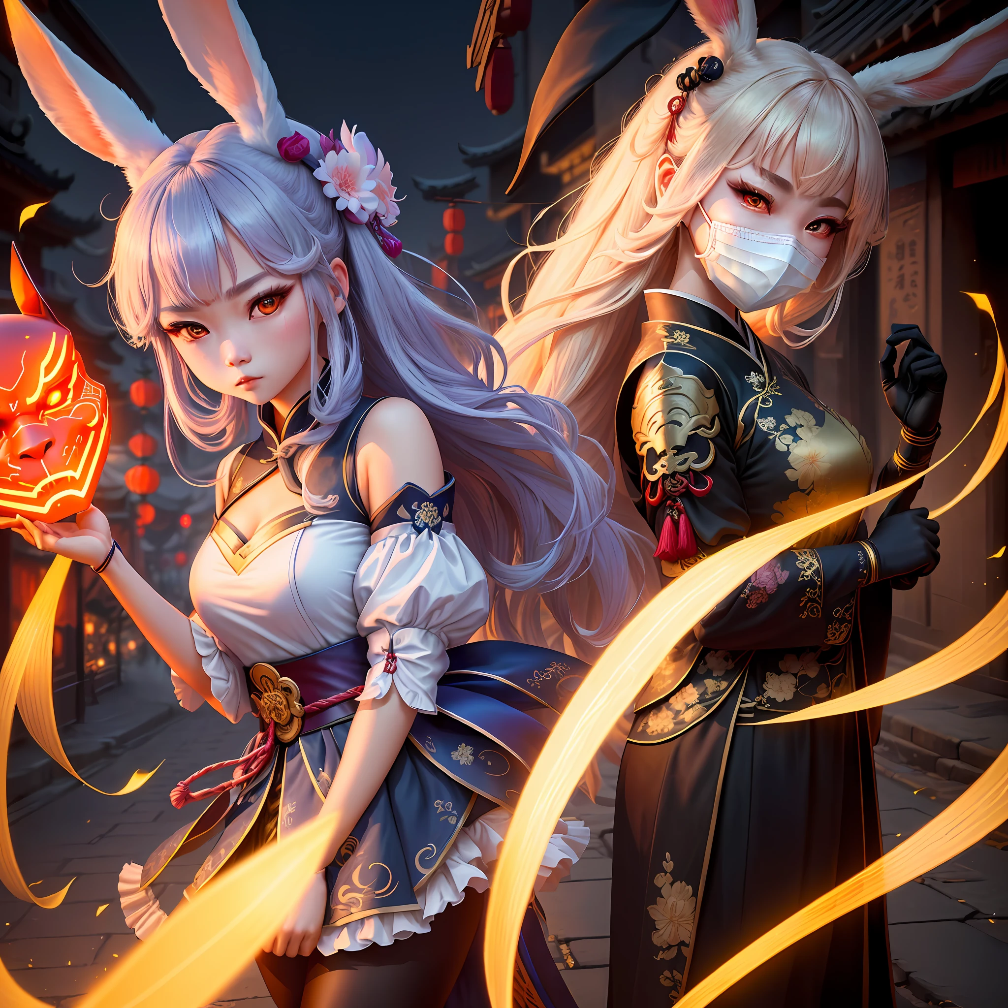 A rabbit, magical, anthropomorphic, girl, angry expression, glowing eyes, Wanruo mask, Hanfu, background of ancient Chinese street, night. Genshin Impact Impact, Best Quality, High Detail, High Quality, Ultra High Resolution, OC Rendering, 8K