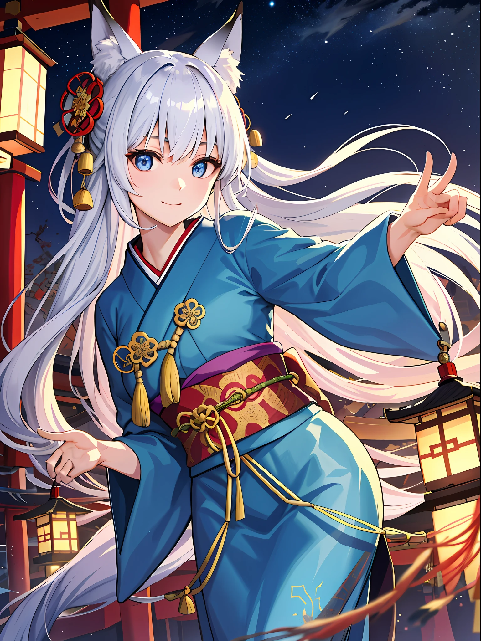 (absurdres, highres, ultra detailed), one woman, mature woman, aged, long straight hair, beautiful shiny hair, blue eyes, bangs, long sleeves, finely drawn eyes and fine face, highly detailed CG unified 8K wallpaper, intricate details, portrait Ancient Japan, Gazing, Solo, Half Shot, Detailed Face, Soft Smile, Dynamic Pose, Classical Period, (Ancient Japan: 1.1), Japanese Mythology, Fox Ears, Japanese People, Ruler, Blue Kimono, Floral Kimono, Ancient Themes, (Thriving Civilization: 1.1), Moon In Background, (Immaculate: 1.1), Shrine Japanese landscape, ancient city in the background, fantastic, dreamy, dancing lights, lanterns, austere, night, darkness, stars, portrait