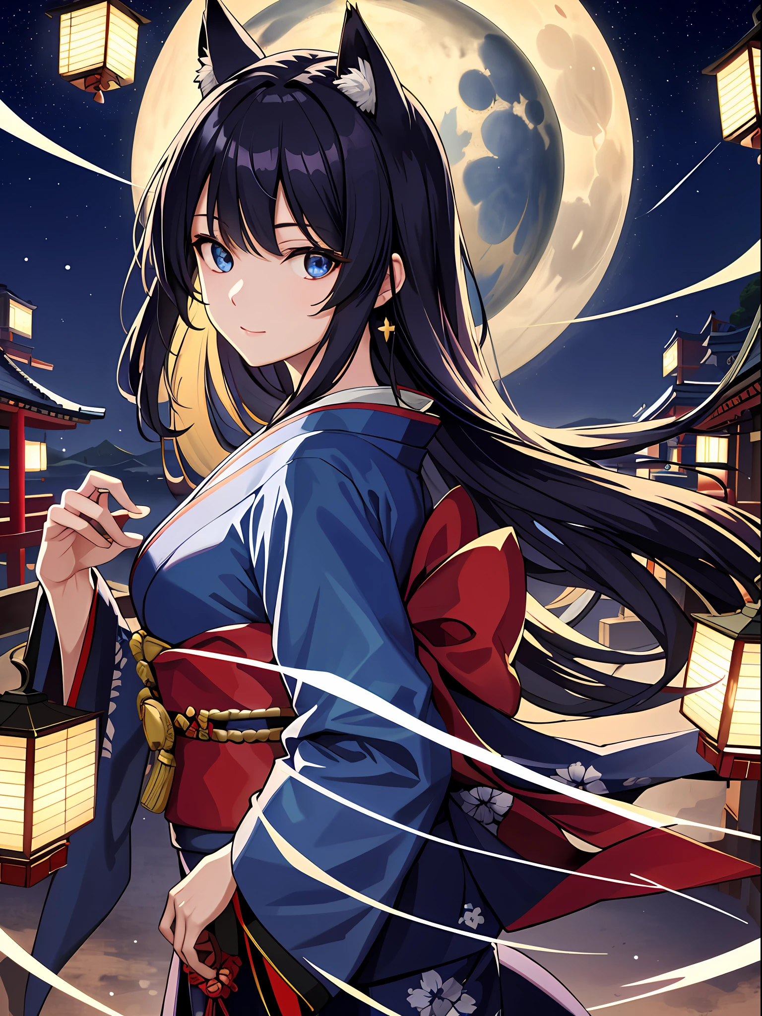 (absurdres, highres, ultra detailed), one woman, mature woman, aged, long straight hair, beautiful shiny hair, blue eyes, bangs, long sleeves, finely drawn eyes and fine face, highly detailed CG unified 8K wallpaper, intricate details, portrait Ancient Japan, Gazing, Solo, Half Shot, Detailed Face, Soft Smile, Dynamic Pose, Classical Period, (Ancient Japan: 1.1), Japanese Mythology, Fox Ears, Japanese People, Ruler, Blue Kimono, Floral Kimono, Ancient Themes, (Thriving Civilization: 1.1), Moon In Background, (Immaculate: 1.1), Shrine Japanese landscape, ancient city in the background, fantastic, dreamy, dancing lights, lanterns, austere, night, darkness, stars, portrait