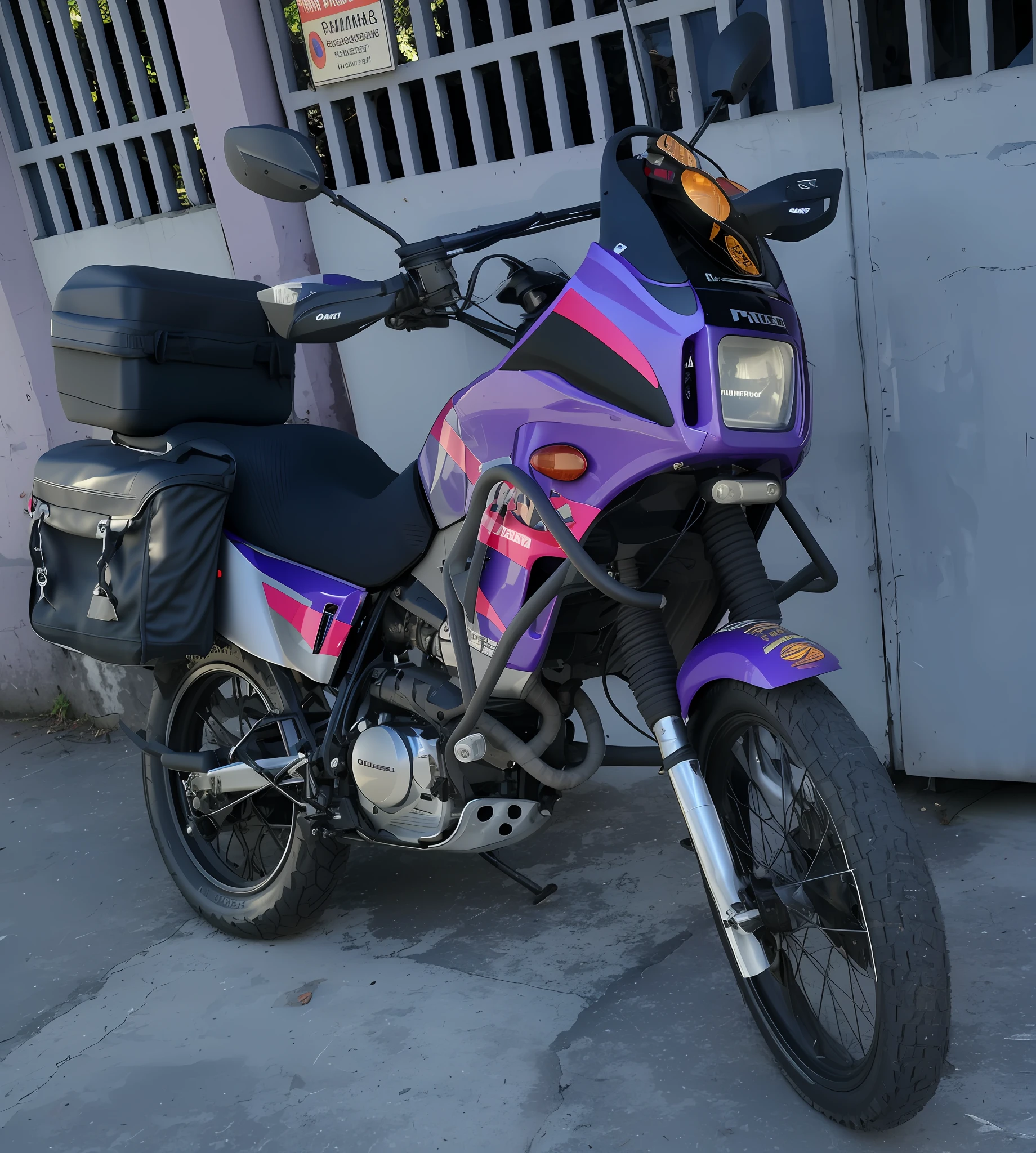 purple motorcycle parked in front of a building with a black bag on the back, touring, dakar motorbike, profile shot, front side full, motorcycle, full colored, fully colored, frontal shot, mid-view, front side, inspired by Alex Petruk APe, looking from side!, nice colors, from side, front shot, full device, motorbike, full color