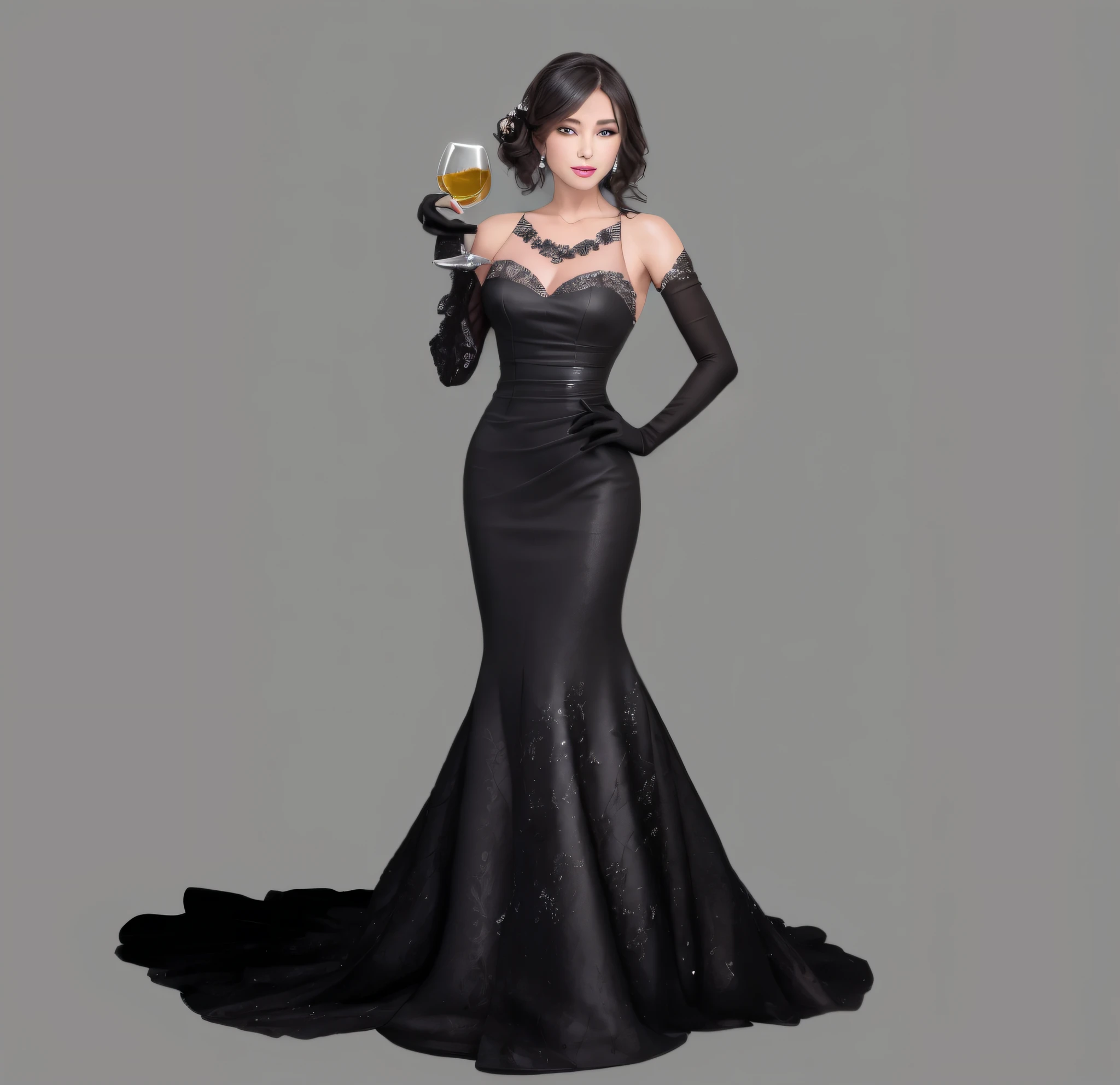There is a woman in a black dress holding a glass of wine, digital art elegance, elegant glamour pose, an elegant black dress woman, elegant smile pose, elegant movie pose, anime girl in black dress, standing elegant pose, 3d rendered character art 8K, stylized portrait formal pose, by Yang J, young woman in black tuxedo, 8K, super clear, soft light