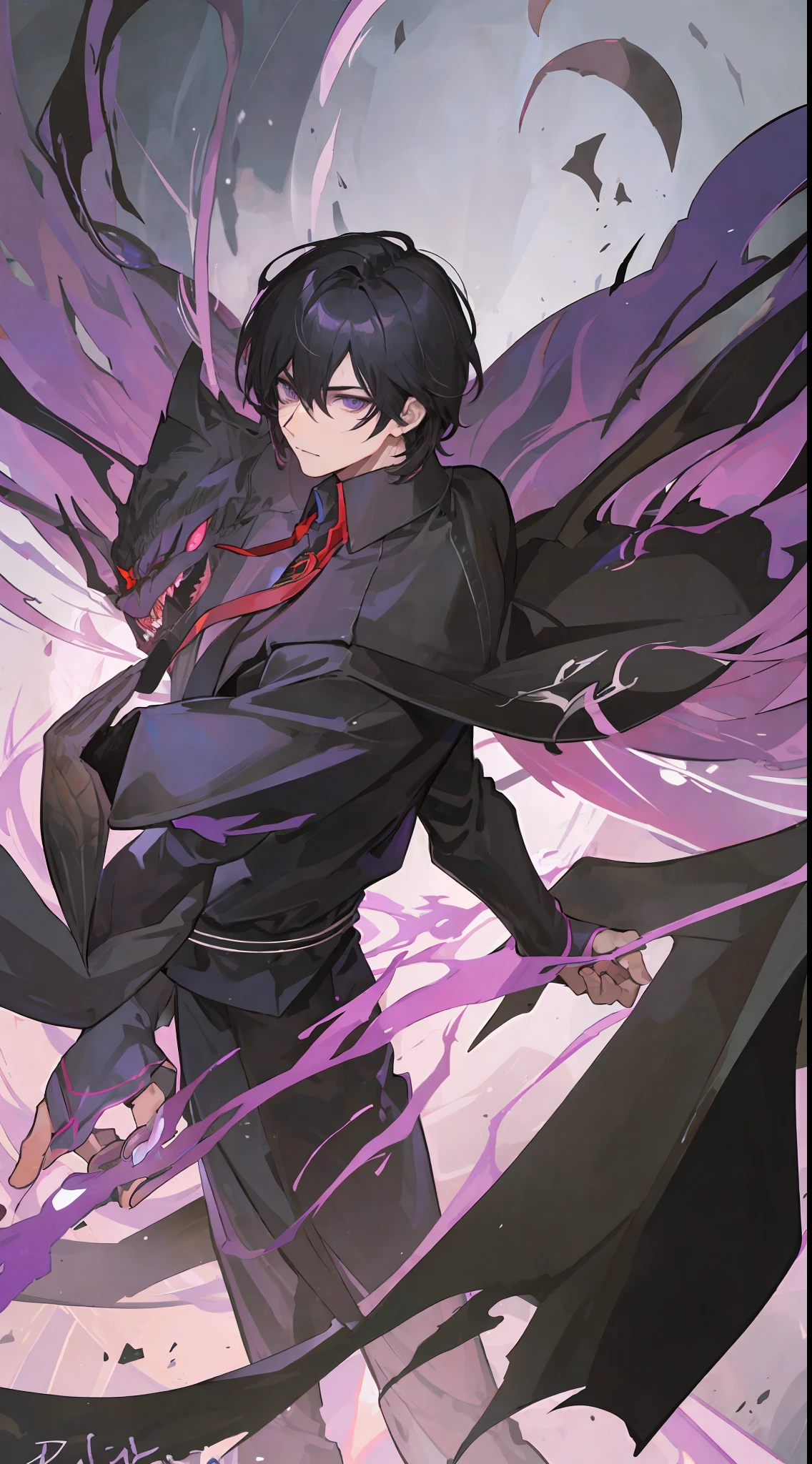 1Man, short black hair, fiery black-purple eyes, wears a black suit, he's a demon lord, make it like tarot anime-style but no frame