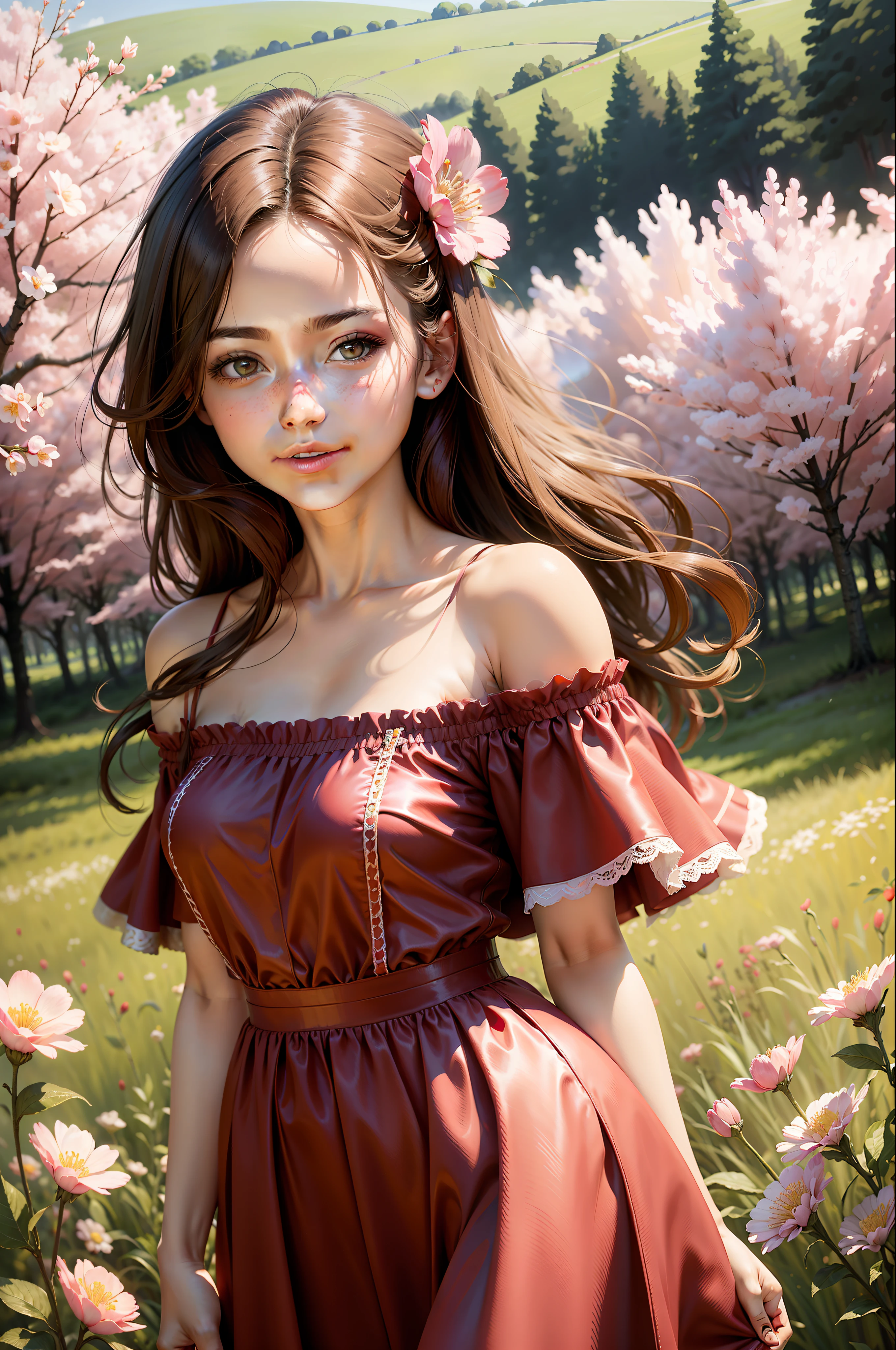Best quality, masterpiece, ultra high res, (photorealistic: 1.4), raw photo, 1girl, red dress, off shoulder, field of flowers in bloom, bright skin, light smile, cherry blossom, digital art, best quality, pink tones, pink flowers