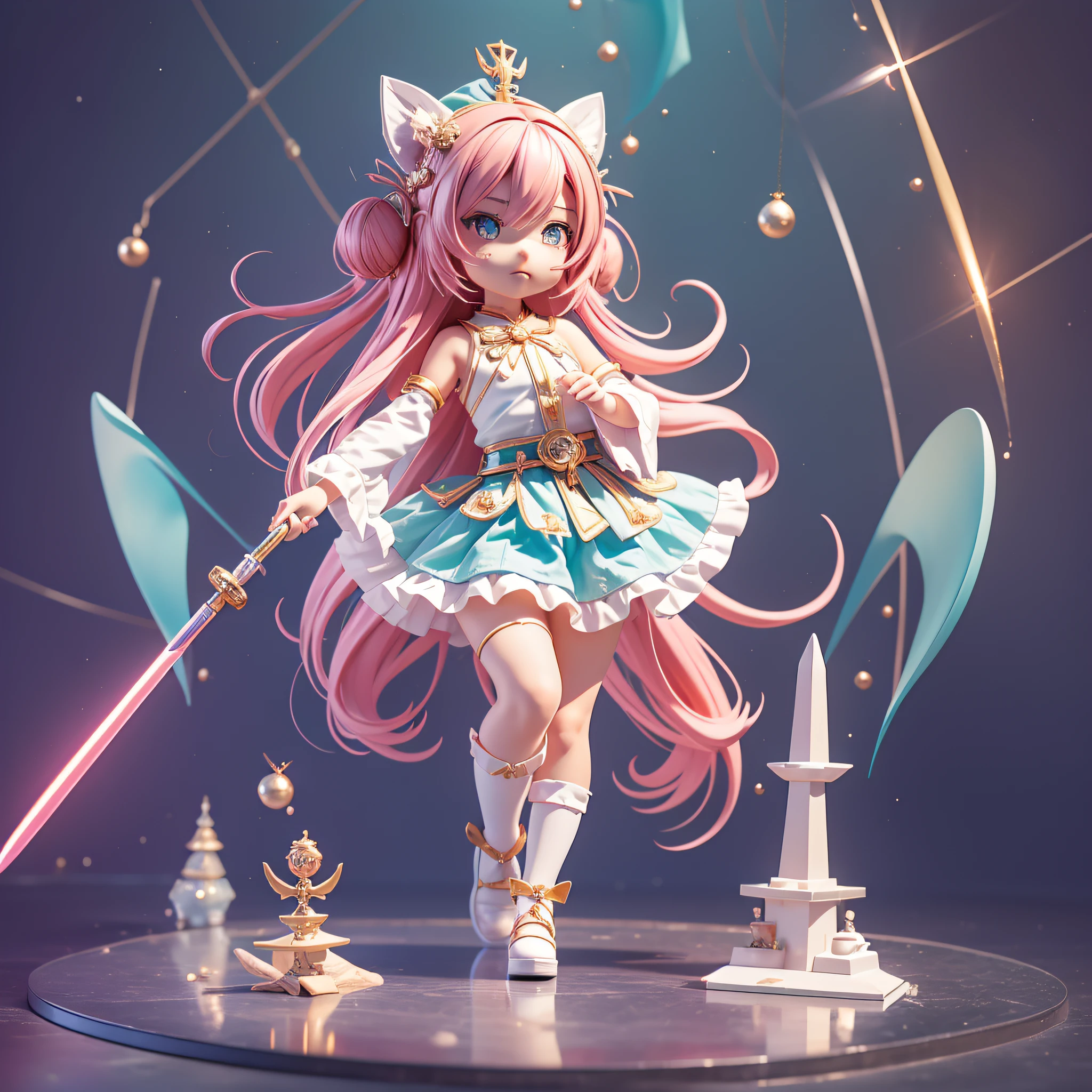 Girl Anime Figure, 3d Rendering by Hitoshi Homura, Trending with Polycount, Conceptual Art, Anime Style 3D, Stylized Anime, Cute 3D Anime Girl Rendering, Anime Girl Running, Anime Moe Art Style, Style as Nendoroid, Cute 3D Rendering, Anime Stylization, Anime girl with pink hair, anime girl running, young anime girl, chibi anime girl, cute!! Chibi!!!, anime girl, witch, girl in uniform, chibi girl, cute anime girl, anime chibi, cute anime girl portrait, anime girl, cute witch, anime girl with medium long hair, pink hair female anime character, little devilish eyes, little devil tsundere, posing in white dress, chibi, Chibi cute, chibi, mini size, pretty girl, 2nd class, 3rd life, wizard girl, silver bracelet, silver accessories, silver ring, magic wand, gold wand, little tsundere, mouth looking a little angry, eyes looking a little angry, mouth slightly pursed, full body figure, full body, chibi figure, minifigure, turquoise cane, turquoise wand, magic wand, magical girl, mini size, mini