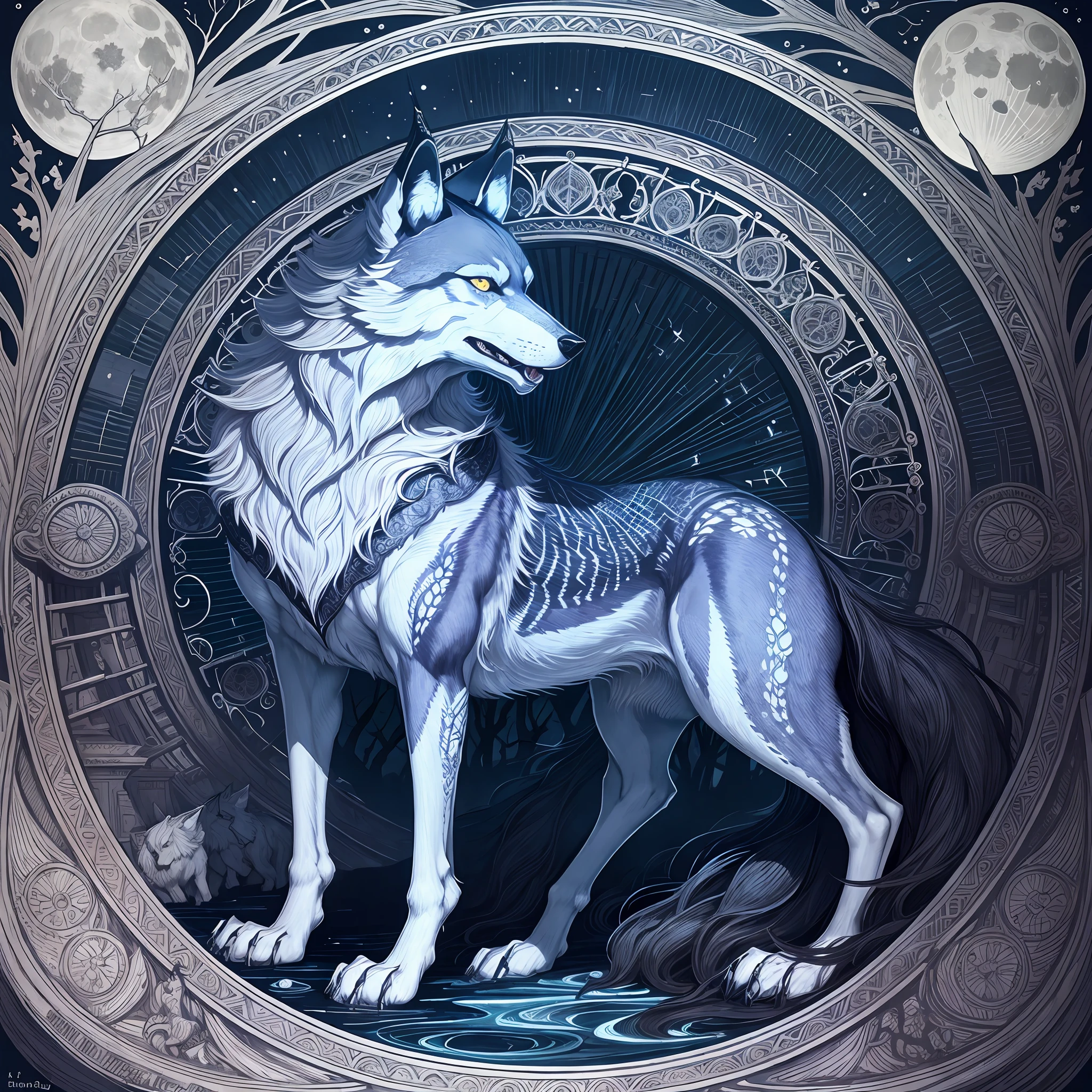 Howling wolf, bridge, full moon, Harry Clarke drawing style --auto --s2