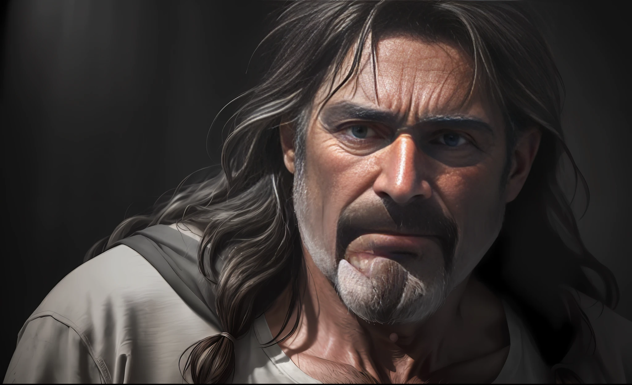 Photo of the most beautiful artwork in the world featuring a 45-year-old man, long hair and gray beard with a wounded heart, crying(vibrant, realistic photo, realistic, dramatic, dark, sharp focus, 8K), (global lighting, gloomy environment, volumetric half light)