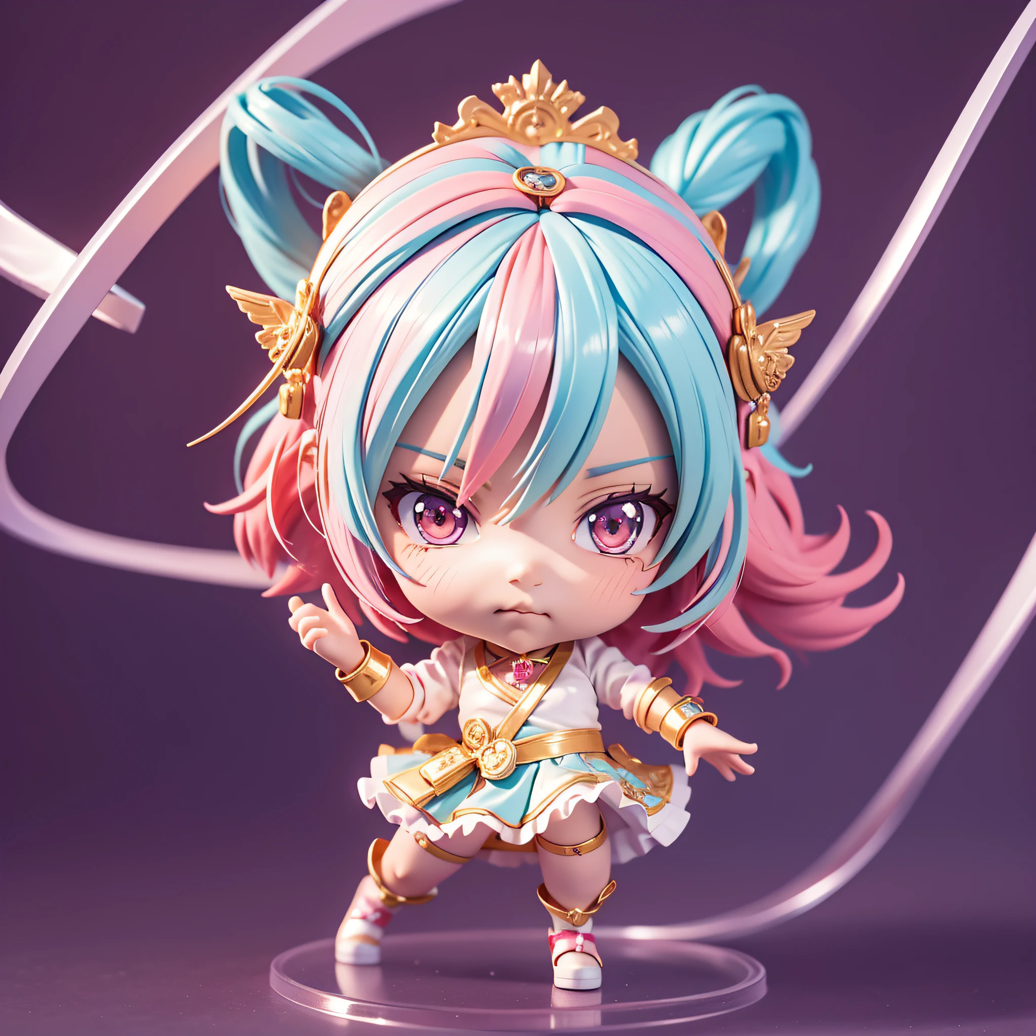 Girl Anime Figure, 3d Rendering by Hitoshi Homura, Trending with Polycount, Conceptual Art, Anime Style 3D, Stylized Anime, Cute 3D Anime Girl Rendering, Anime Girl Running, Anime Moe Art Style, Style as Nendoroid, Cute 3D Rendering, Anime Stylization, Anime girl with pink hair, anime girl running, young anime girl, chibi anime girl, cute!! Chibi!!!, anime girl, witch, girl in uniform, chibi girl, cute anime girl, anime chibi, cute anime girl portrait, anime girl, cute witch, anime girl with medium long hair, pink hair female anime character, little devilish eyes, little devil tsundere, posing in white dress, chibi, Chibi cute, chibi, mini size, pretty girl, 2nd class, 3rd life, wizard girl, silver bracelet, silver accessories, silver ring, magic wand, gold wand, little tsundere, mouth looking a little angry, eyes looking a little angry, mouth slightly pursed, full body figure, full body, chibi figure, minifigure, turquoise cane, turquoise wand, magic wand, magical girl, mini size, mini