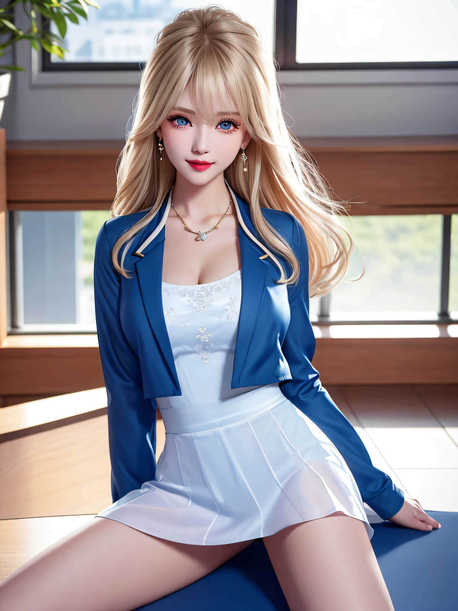 (legs open on classroom chair)), Female Teacher v6, Necklace, Earrings, Full Body V6, Long Gray Hair, Translucent Clothes, Look, Superb, Ultra High Definition, RAW Photography, Realism 1.25), (Bright Lip Gloss, Long Eyelashes, Smooth) Face, Light Bright, Natural Shadows, Wide Light, Wide Light, Depth of Field, Intense Colors, Subtle Caustics: 0.8), Smile, (Big), v6, There are windows showing different buildings in the city (absurdity, high resolution, super detail), smile, (big), v6 ((Adriaan Honich))) girl with blonde hair and blue eyes, beautiful, thin, sexy pose, back figure, gaze is window side, ((dark blue jacket, white sheer one-piece flared skirt))