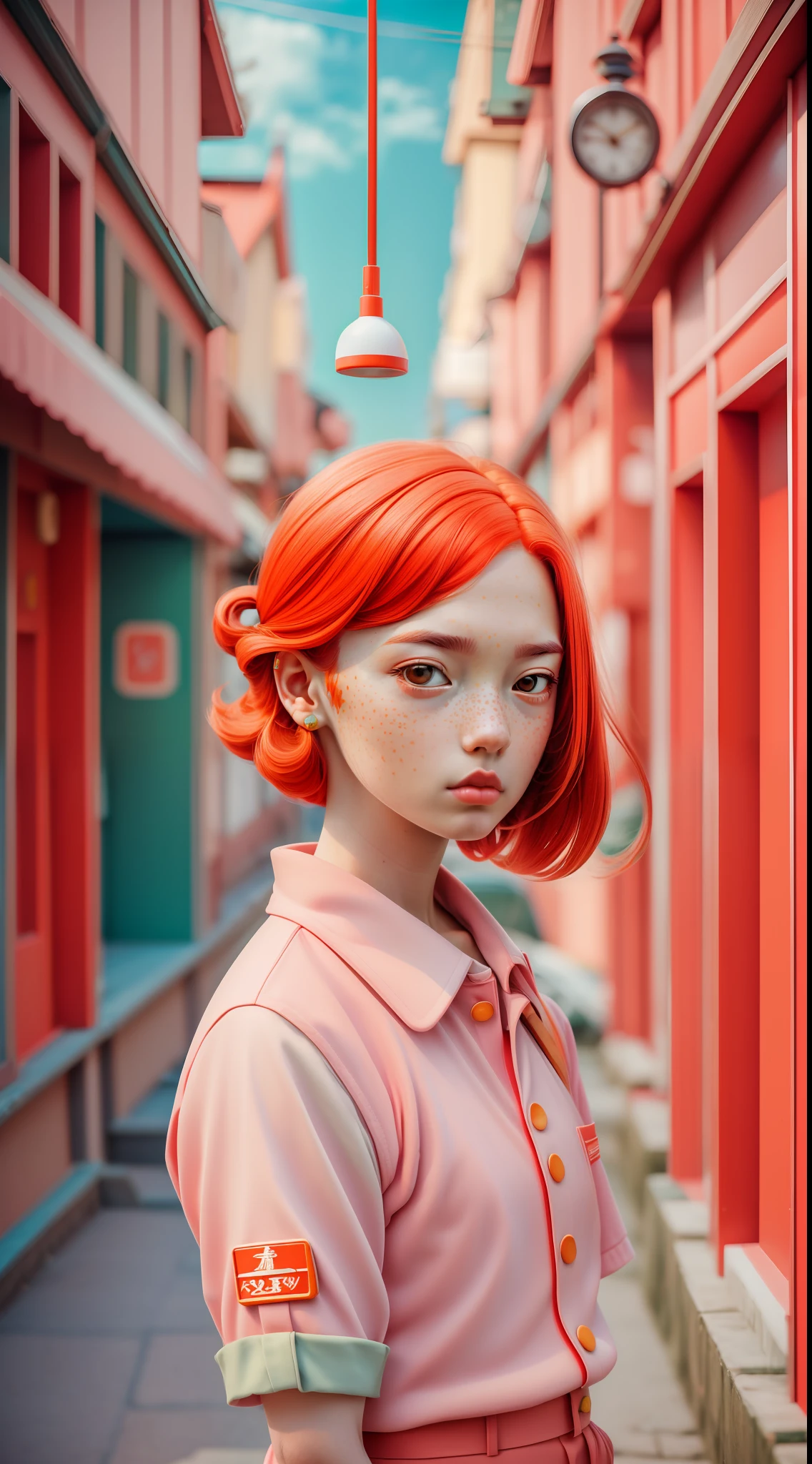 Yoshitomo Nara:1.5, Wes Anderson:1.3, New Casualism, Retro, Minimalism (1 Girl Red Hair, Freckles and Vintage Clothes),Abstract Minimalist Background,Yoshitomo Nara:1.5, Wes Anderson:1.3, New Casualism, Retro, Minimalism