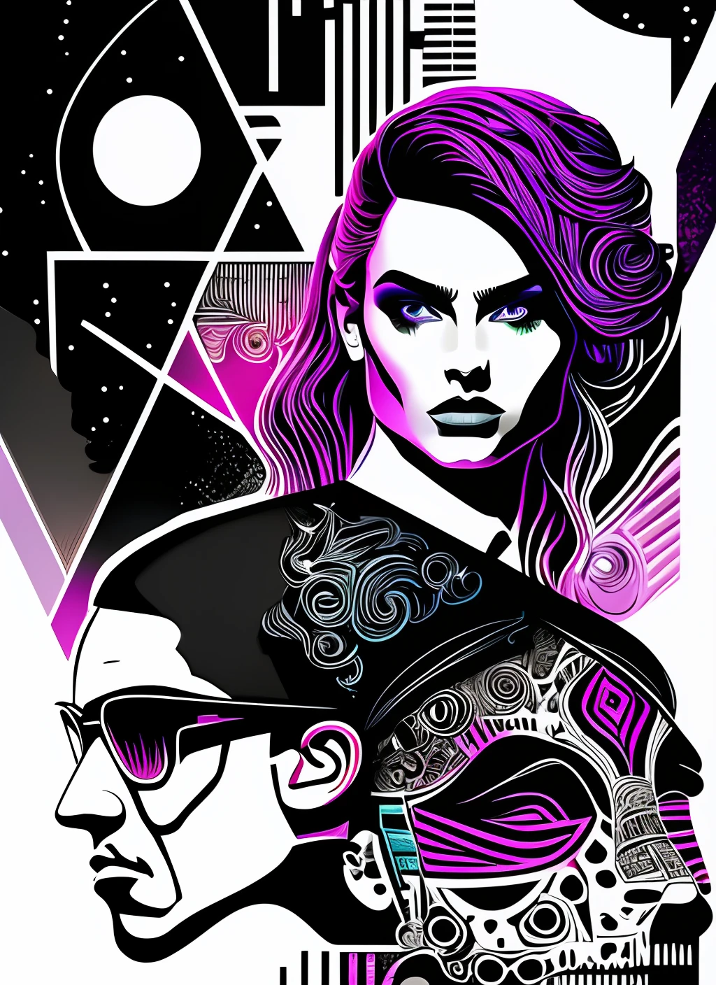 T-shirt art, 2D, ((black background: 1, 5)), vector, vivid colors, violin, punk style, dystopian stage, masterpiece, best quality, intricate details, perfect symmetrical face, rim light, moonlight, cinematic shading, Greg Rutkowisk --auto --s2