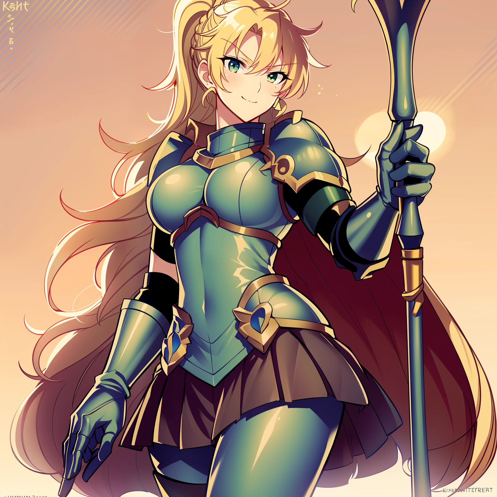 kirt vest, pantyhose, ponytail, long hair, blond hair, knight, medium breast,alicetaria february, green eyes,, walking, staff holding, cape,smile