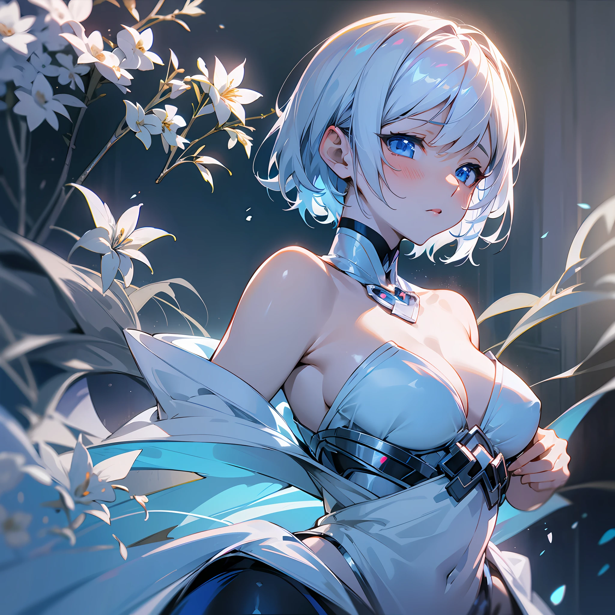 white skin, ultra beautiful face, breasts, breasts covering, hentai, ambient light, hentai pessonage, anime, short haired girl, silver white, blue eyes, gorgeous eyes, shy. , Maximum quality. --auto --s2