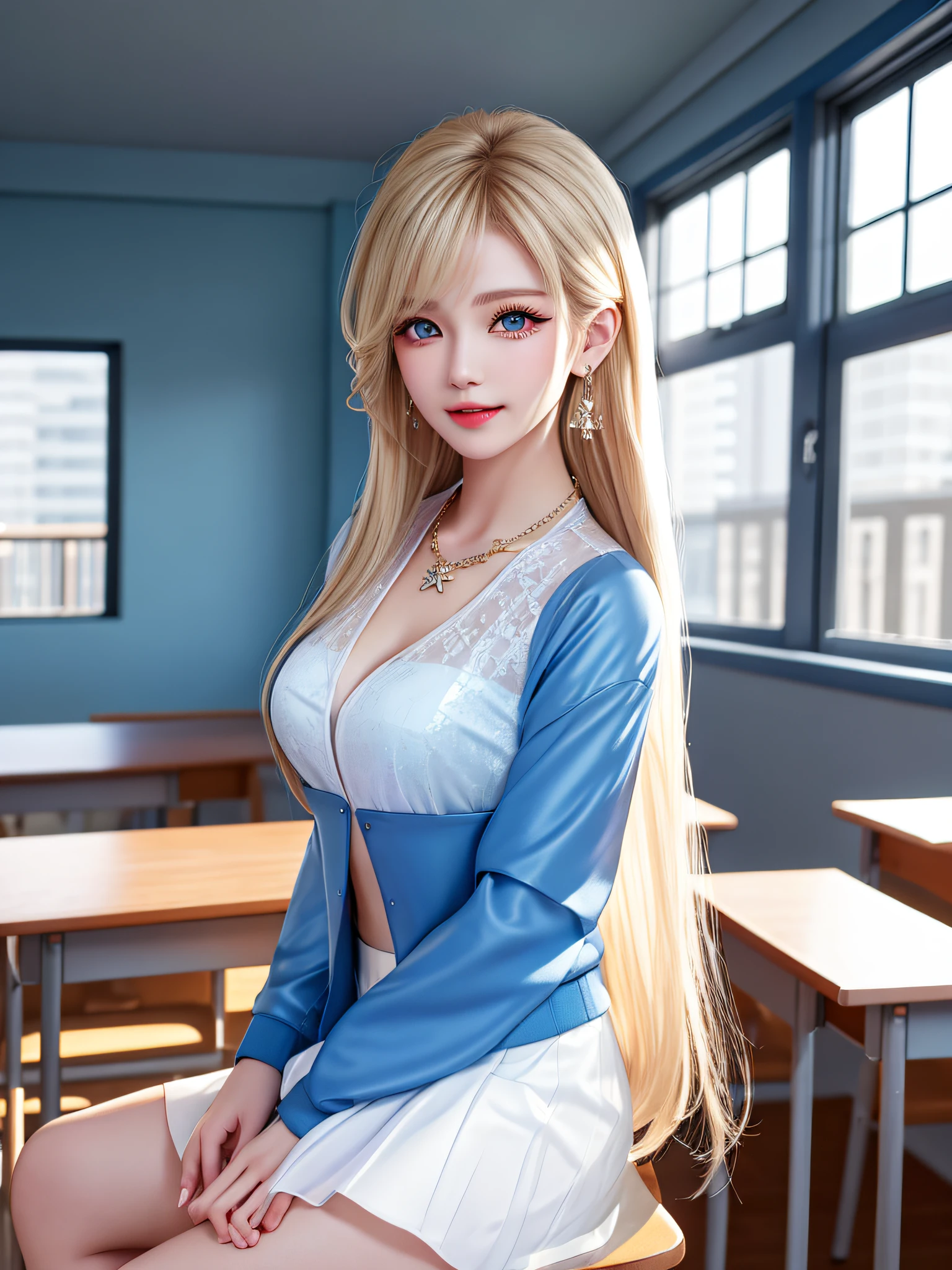 (legs open on classroom chair)), Female Teacher v6, Necklace, Earrings, Full Body V6, Long Gray Hair, Translucent Clothes, Look, Superb, Ultra High Definition, RAW Photography, Realism 1.25), (Bright Lip Gloss, Long Eyelashes, Smooth) Face, Light Bright, Natural Shadows, Wide Light, Wide Light, Depth of Field, Intense Colors, Subtle Caustics: 0.8), Smile, (Big), v6, There are windows showing different buildings in the city (absurdity, high resolution, super detail), smile, (big), v6 ((Adriaan Honnig))) girl with blonde hair and blue eyes, beautiful, thin, sexy pose, back figure, gaze is windowside, ((dark blue jacket front opening, white sheer blouse, white sheer flared skirt))
