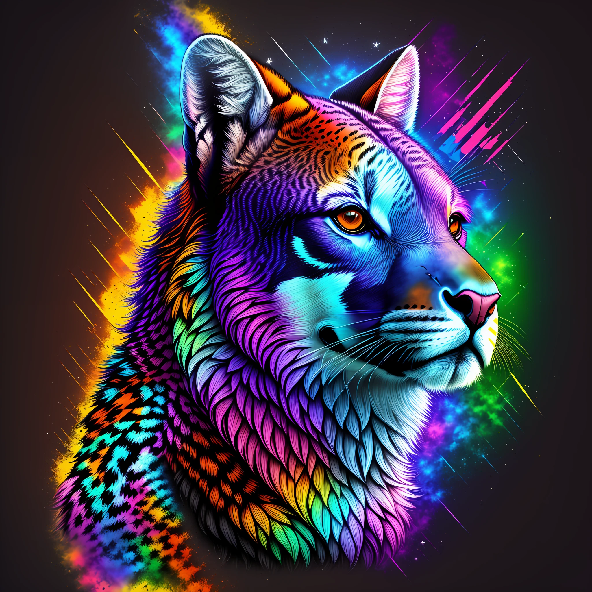 Art for t-shirt, animals, dark background, realistic art, orted colors, intricate, HD --auto --s2