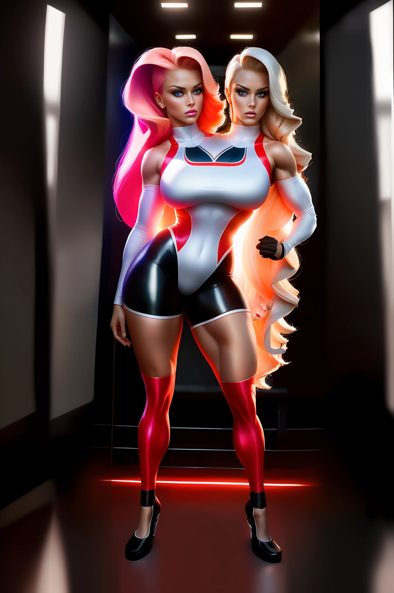 2heads,2heads, conjoined, no more than 2 heads, no more than 2 arms,2 heads in one body,  broad shoulders, full body shot, ultra wide angle, in focus, dynamic pose of a stunning beautiful Nicolette Shea, sport outfit, hdr, best quality, professional photo, masterpiece,