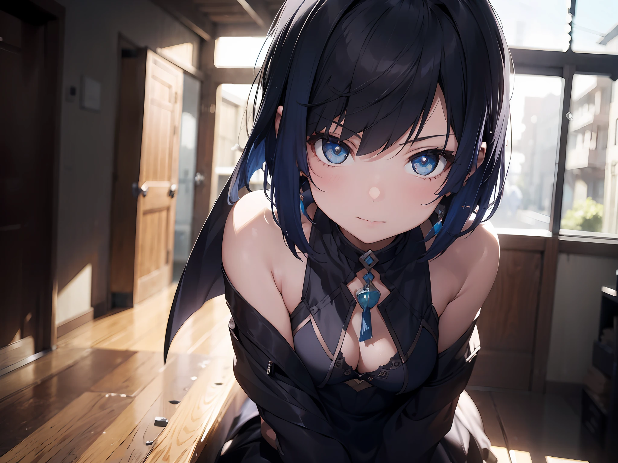 1girl, (solo:1.2), ((masterpiece)), (shadow), [slim], (small breasts), ((sharp focus)), pale skin, ((detailed eyes)), (blurry background), yelandef, gradient hair, collarbone, closed mouth, short hair
