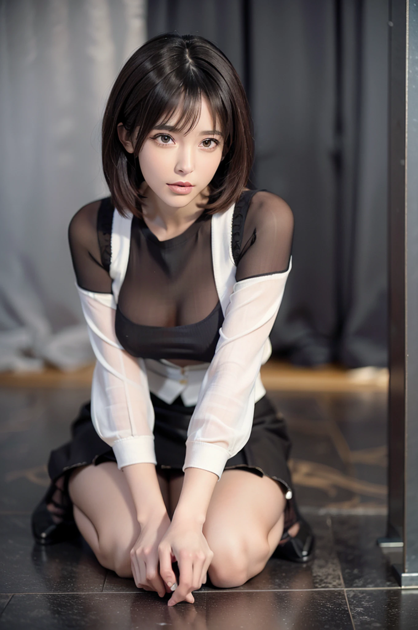 Pretty girl, thin legs, high heels on the ground, hotel room, (masterpiece:1.3), (8k, photorealistic, RAW photo, best quality: 1.4), (1girl), beautiful face, (realistic face), (black hair, short hair:1.3), beautiful hairstyle, realistic eyes, beautiful detailed eyes, realistic skin, beautiful skin, super high resolution, super realistic, very detailed, golden ratio, cute, sexy schoolgirl in jk uniform, surreal high school girl, short skirt, tight skirt, black stockings, full body view, thin arms, long hair, big breasts