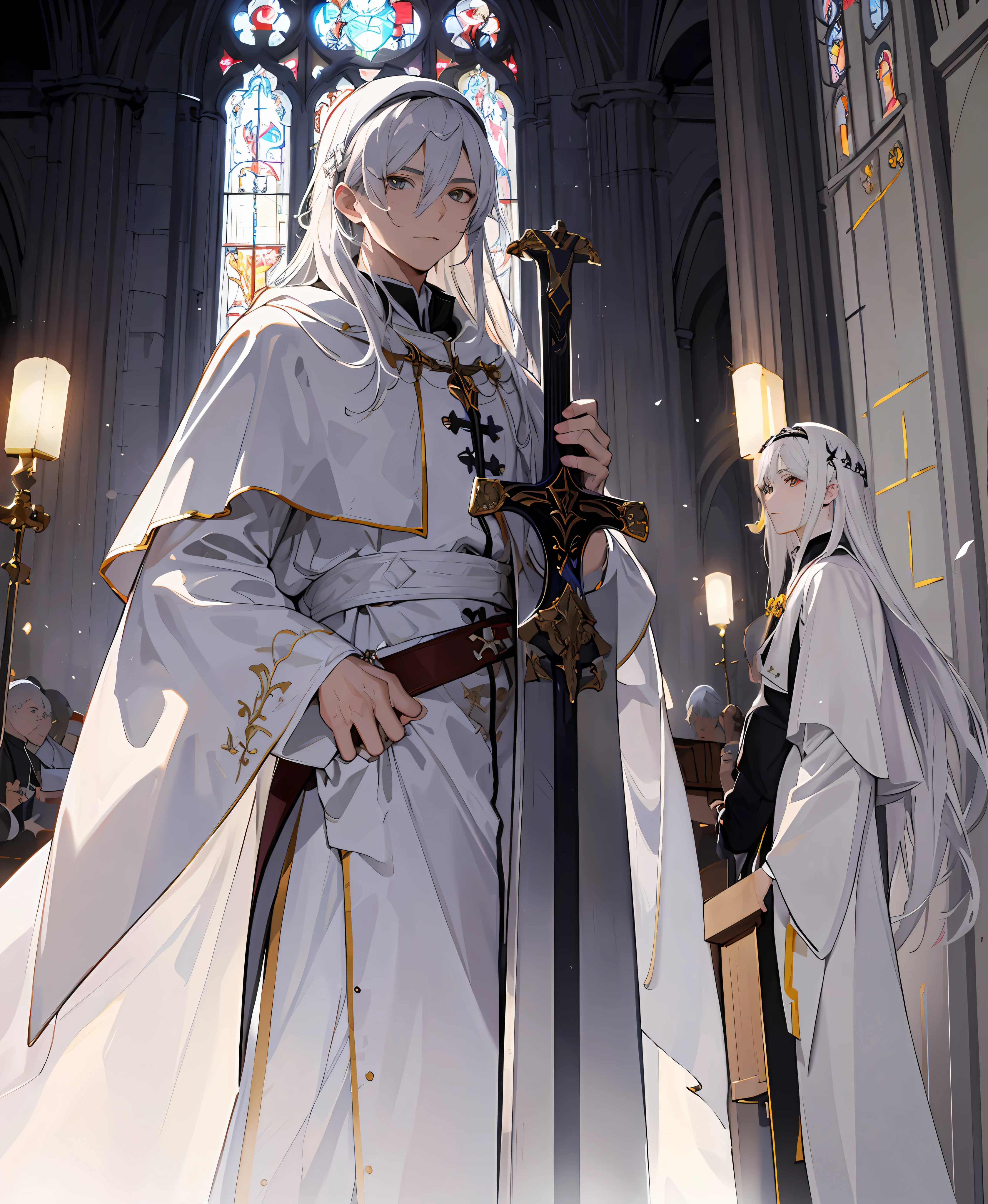 Anime characters dressed in white with swords in front of colored windows, pictures of male clergy, Guvez on Pixiv art station, dressed like clergy, white-haired deity, clergy, pope, popular on ArtStation Pixiv, Guweiz on ArtStation Pixiv, handsome guys from Arknights, Demon Slayer art, detailed key anime art, detailed anime character art