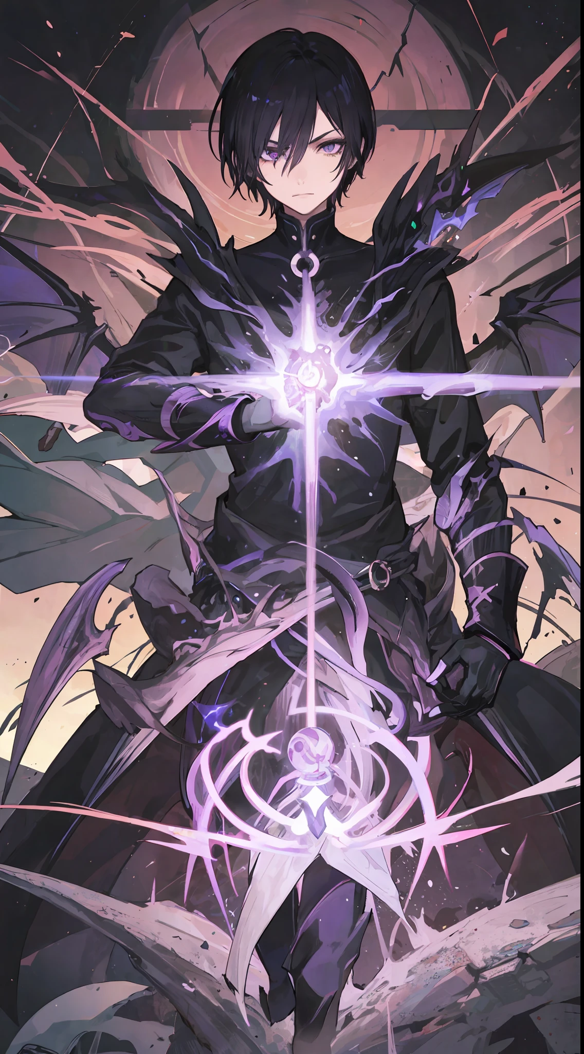 1Man, short black hair, fiery black-purple eyes, wears a black suit, he's a demon lord, make it like tarot anime-style but no frame