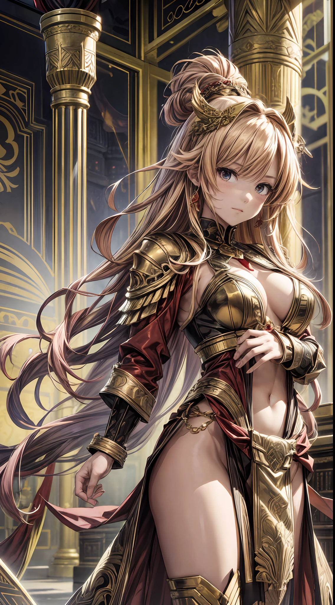 Warrior standing confidently before a great throne in an expansive temple. The warrior's resplendent red and gold armor resonates with the vibrant tones of the temple. Her long golden hair captures the ethereal light flowing into the temple, accentuating her aura of confidence and authority. The artwork highlights the perfection of his body with intricate details. --v 5 --style 1000, Anime style.