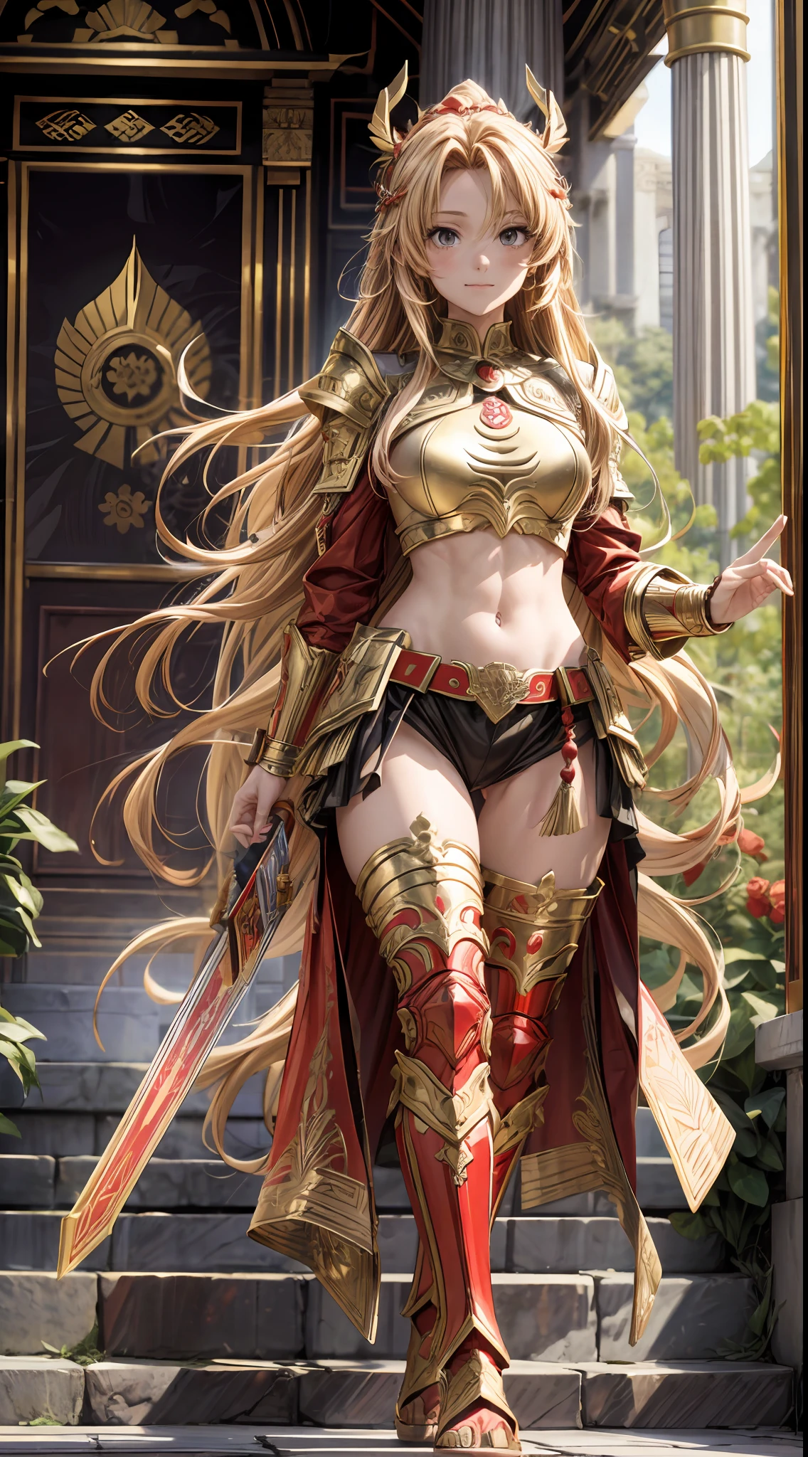 Warrior standing confidently before a great throne in an expansive temple. The warrior's resplendent red and gold armor resonates with the vibrant tones of the temple. Her long golden hair captures the ethereal light flowing into the temple, accentuating her aura of confidence and authority. The artwork highlights the perfection of his body with intricate details. --v 5 --style 1000, Anime style.