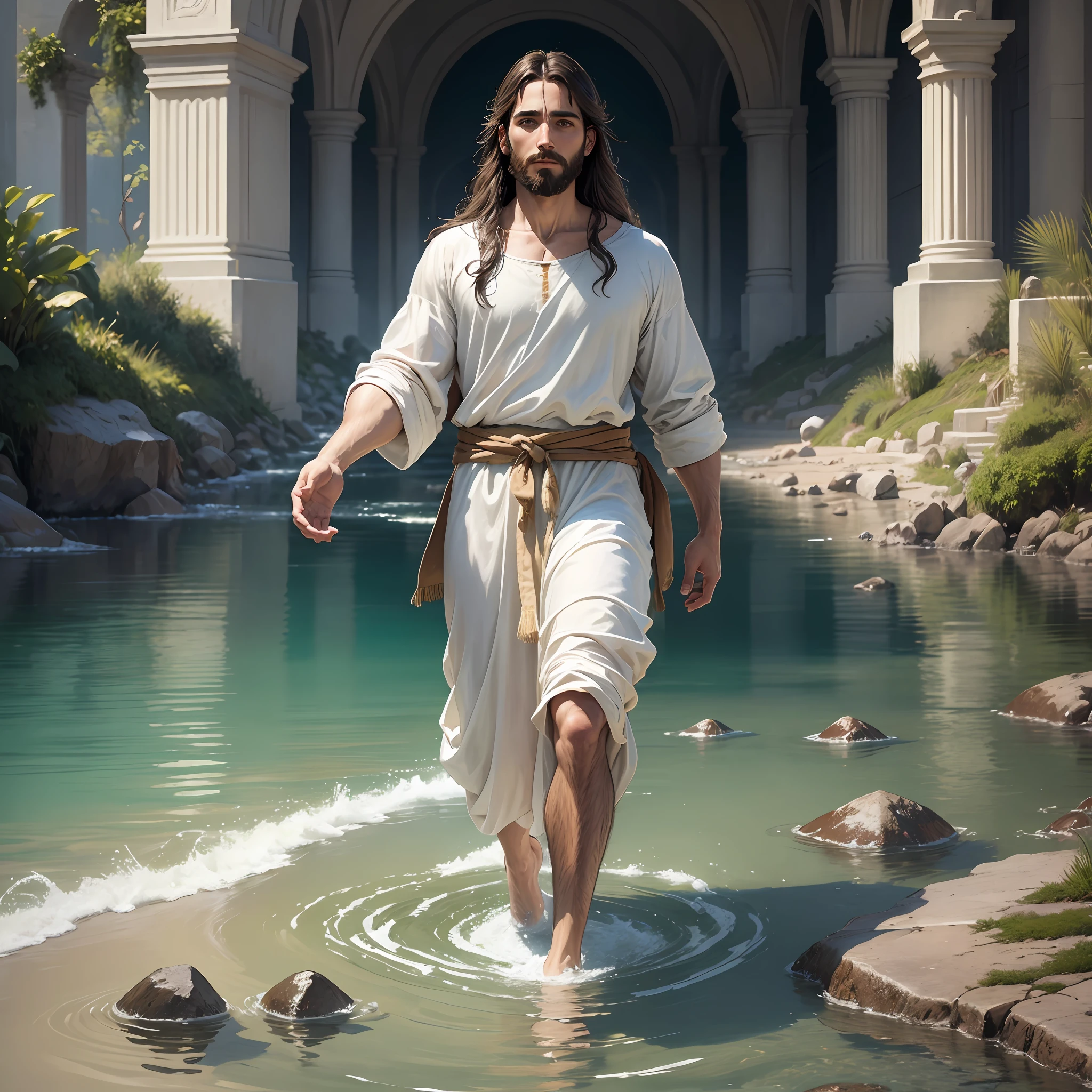 homem, 27 anos Jesus Christ walking on water, enchanted, realistic, moving and inspiring Christian aura, beautiful image, pintura à óleo --auto --s2
