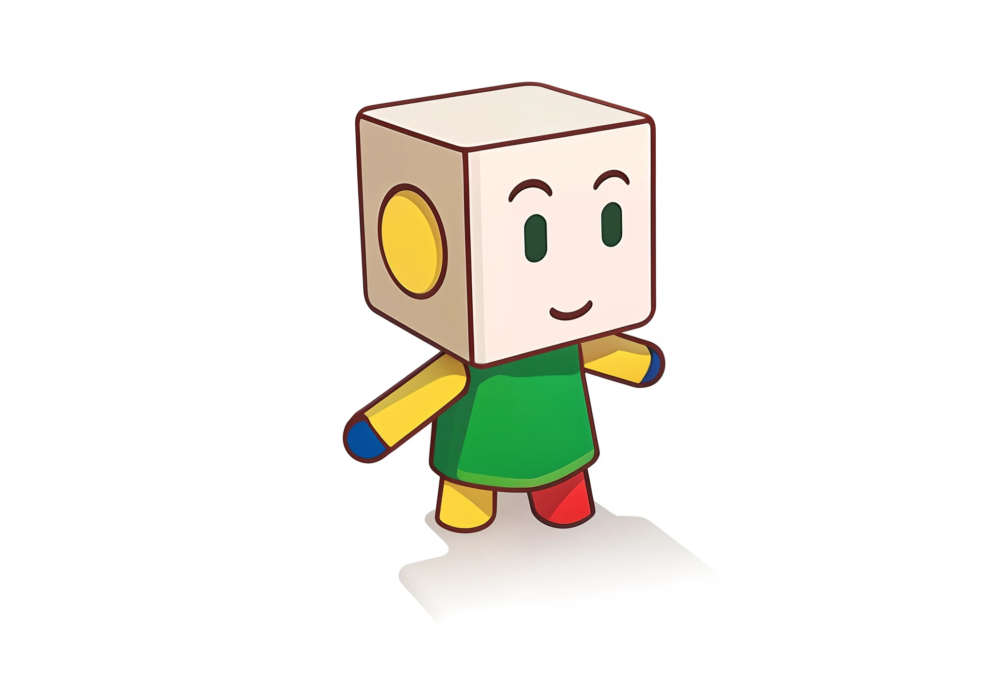 Cartoon image of cubic character with green shirt and red pants, video game character, video game character, game character, blocky, character standing, mapo tofu cartoon, cute character, cute humanoid robot, cute cartoon character, animated character, cube, block shape, manga character, humanoid character, (masterpiece), (extreme product), (super detailed), generate three views, enhance the sense of technology, blind box style