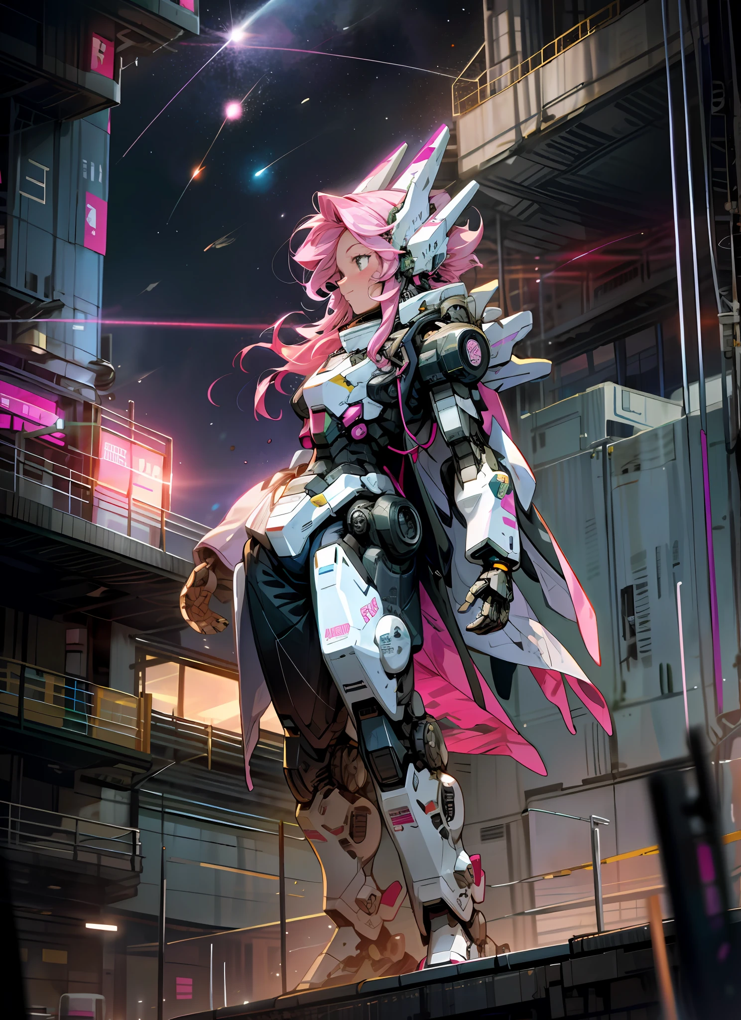 Cosmos, Meteor, Space Station, Glow, Robot, Mecha Girl, Pink Hair, Architecture, glowing_eyes, Mecha, Science Fiction, City, Reality, Mecha