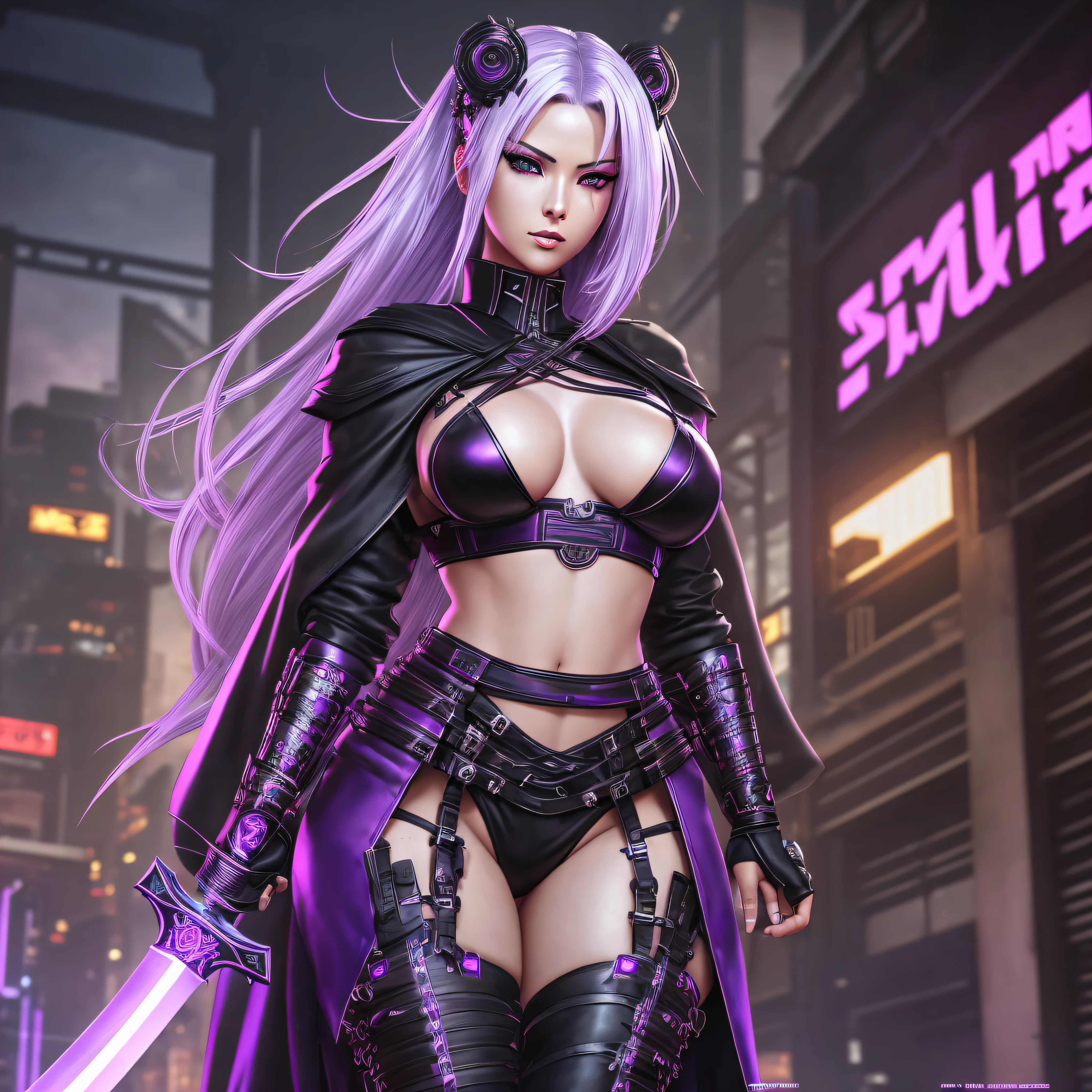 female character, sexy, cyberpunk style with mechanistic body parts, realistic, seductive, black angel, neon, blrilantes purple eyes, ultra detailed, large breasts, sexy body, dark black robe clothing, video game, samurai swordsman, asiatic, bright and long white hair, using katana sword, powerful warriorhigh quality 4k --auto --s2