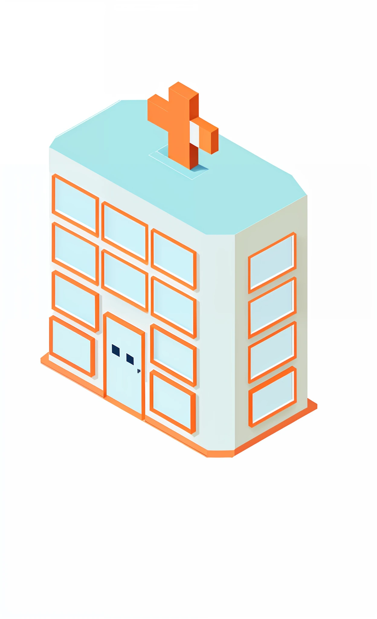 There is a blue and orange medical box with a cross on top, isometric house, whole house, single house, three storey windows, isometric style, 3D isometric, 3D isometric, isometric design, isometric projection, no gradient, non-isometric drawing, isometric illustration, flat illustration, multi-storey building, isometric upper left view, simple illustration --auto --s2
