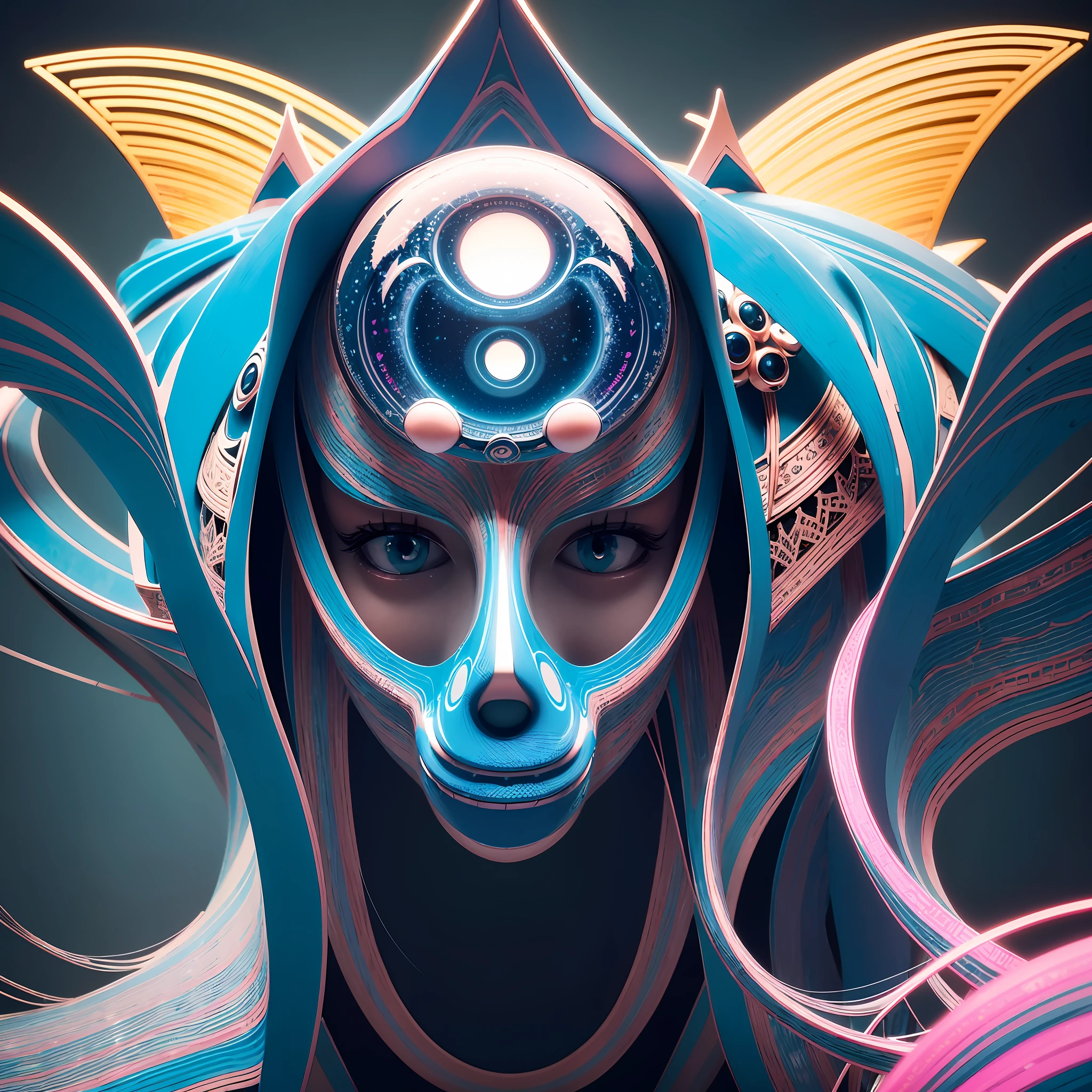 (kittybot shaman DMT aura with a transparent helmet with a protruding brain: 1.4), (metal wings: 1.2), (hyperloop car flask mask: 1.2), (kawaii cyberpop fractal art: 1.6), (Tobias Gremmler art style of fluid and dynamic forms: 1.6), (organic-geometric mix: 1.6), (the shaman's head reflects happiness as a mood and mind in surreal ways: 1.2), (mask creates motion and warping in light: 1.3), (ultra-high resolution: 1.4), (ray tracing illumination: 1.4), (subsurface scattering skin: 1.2), (particle effects: 1.4), (depth of field: 1.4), (geometric-dotist abstraction: 1.6), (generative fluid fractal algorithm: 1.6).