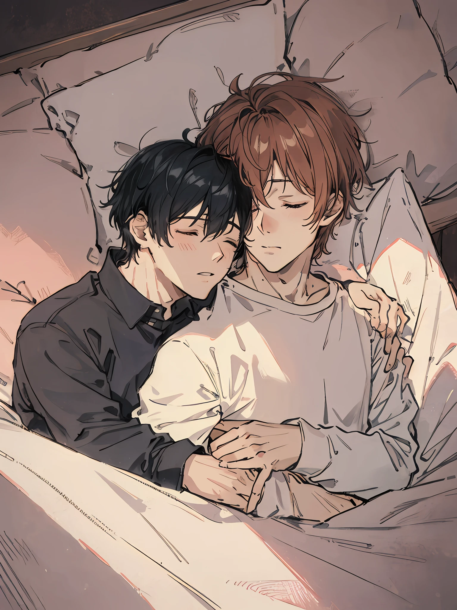 Two guys lying together, romantic, closed eyes