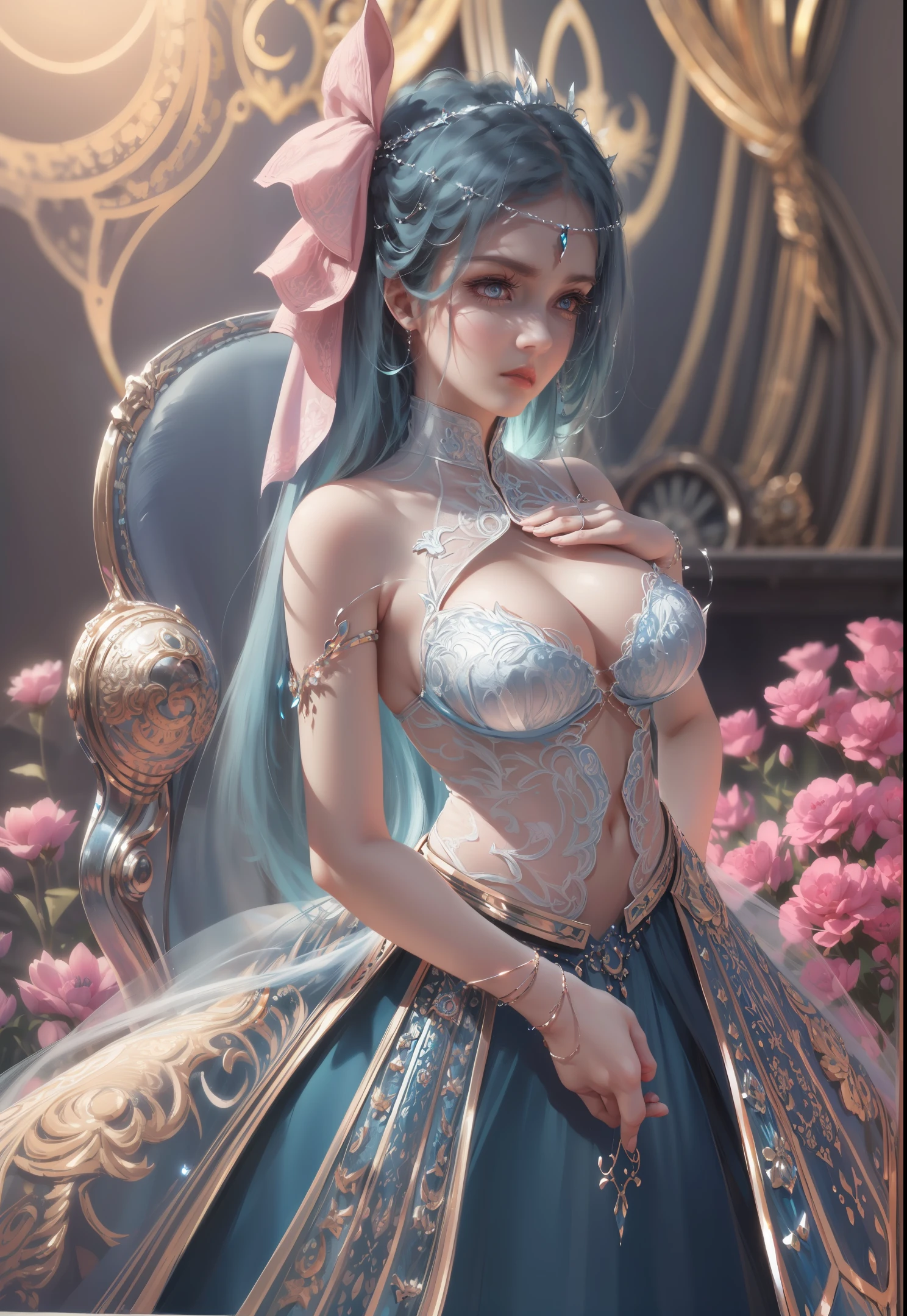 (Cute huge eye Persian girl in long transparent weeding dress huge half transparent tight bra ,detailed beautiful eyes and detailed face, side light of masterpiece, masterpiece, best quality, detailed illustration of high resolution, huge eye Persian girl in long transparent weeding dress), (skinny Persian girl in long transparent weeding dress,1 girl, beautiful girl, shiny skin), (photorealestic, octane render,3d,) (sky blue hair, pink eyes, skirt, ribbon, button-shirt) (one hand holding the other) - - (Waiting to start) --auto --s2