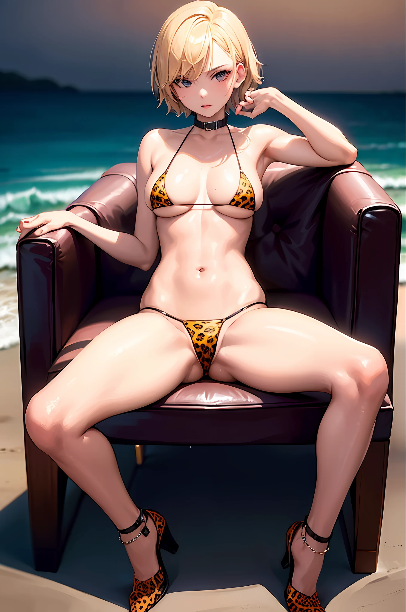 One girl, sitting on a chair with legs open, leopard print micro bikini, young, cute, beautiful girl, blonde short hair, big, wet body, perfect body, straight ahead, looking at the viewer, sandy beach, best quality, best quality, super high definition, masterpiece,