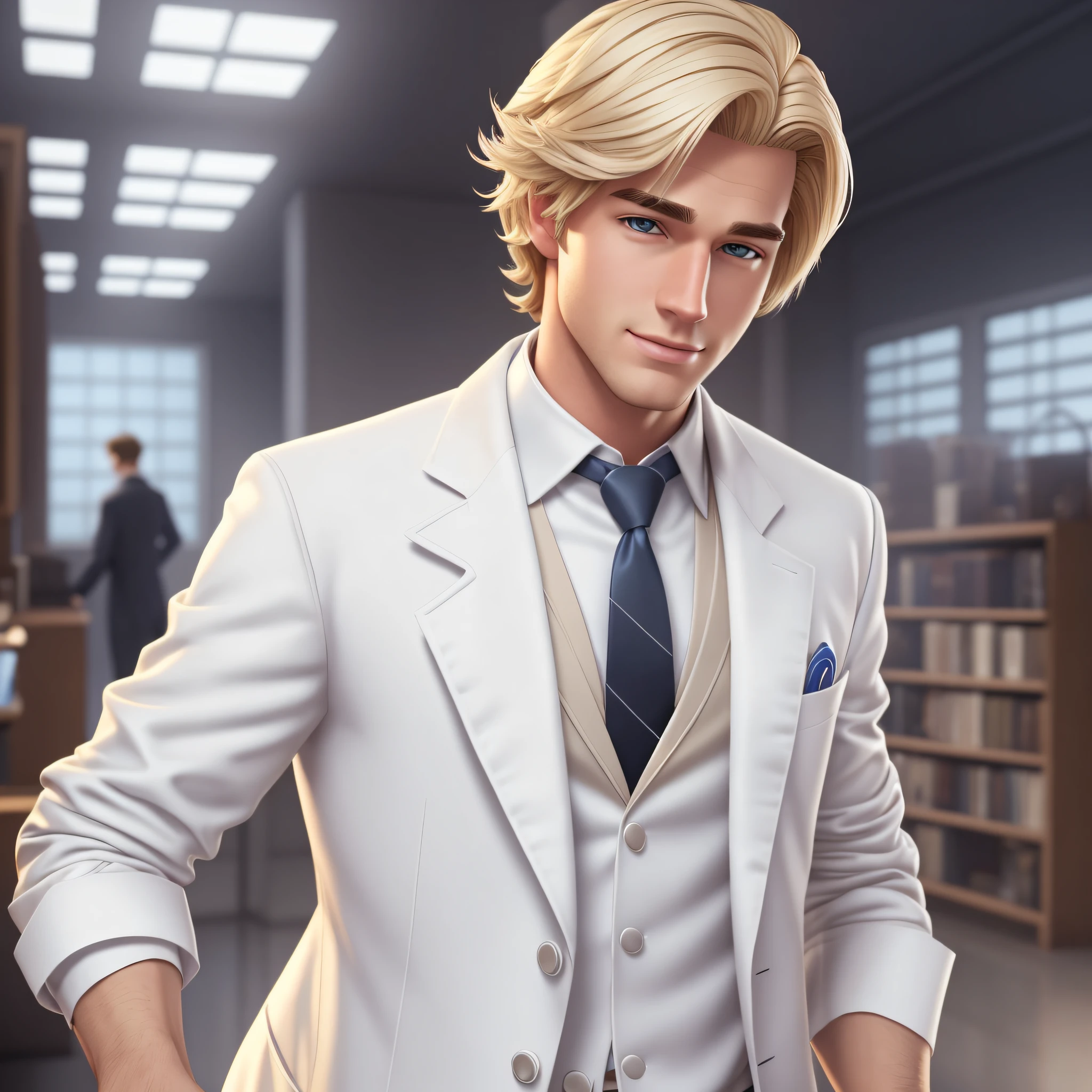 Create male character, handsome, blonde, character with 22 years old, Disney Pixar style, very realistic, full of details, dressed as a young scientist, with white coat --auto --s2