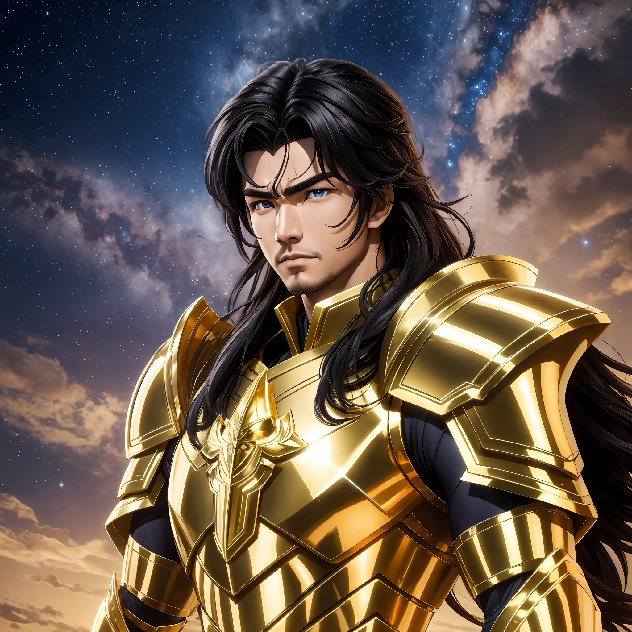 HD 4K Leo Gold Saint Seiya, male, Asian face, burly, black hair, white skin, a scar between the eyebrows, delicate depiction of war armor, real characters, Leo horoscopes behind, starry sky background --auto --s2