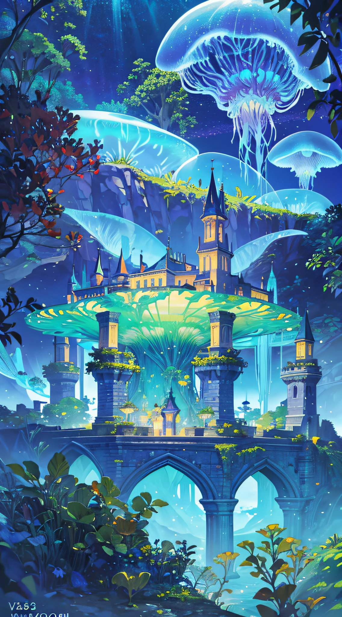 Masterpiece, High Quality, Ocean Forest, City, Fantastic Fantasy, Glowing Plants, Coral Viaduct, (Swarm of Glowing Jellyfish), (Shoal of Fish with Transparent Wings Flying in the Sky), Misty, Extreme Detail, Morning Light, Epic Composition, (Intricate Detail), (Intricate Design, Ultra Detail: 1.2), Art Station, (Masterpiece, Best Quality), Ultra HD, 32k ,castle,1girl --v 6