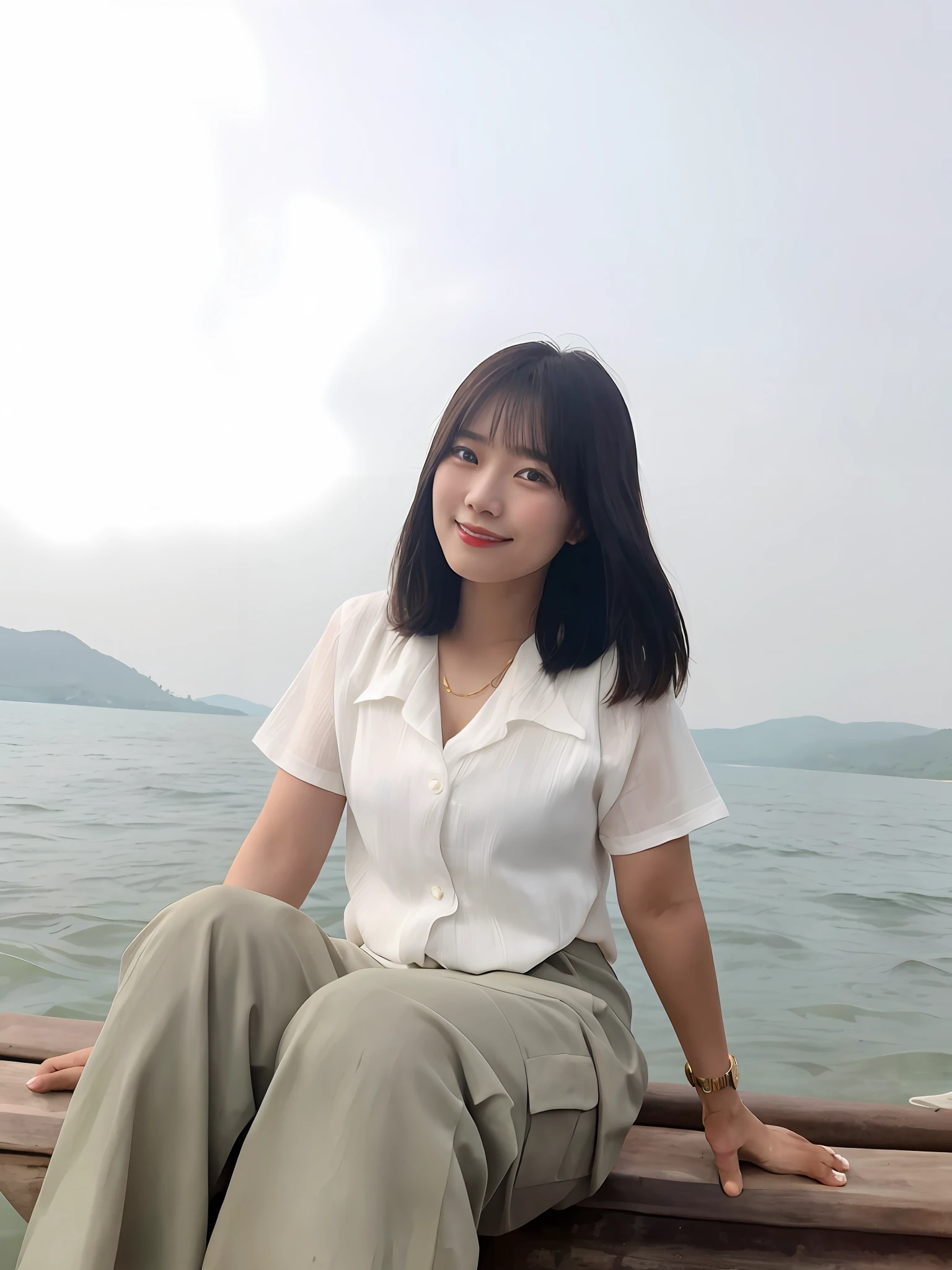 there is a woman sitting on a wooden bench by the water, nivanh chanthara, xintong chen, on a boat, queen of the sea mu yanling, on a boat on a lake, in lake, mai anh tran, joy ang, lake in the background, yun ling, photo of a woman, xiang duan, a young asian woman