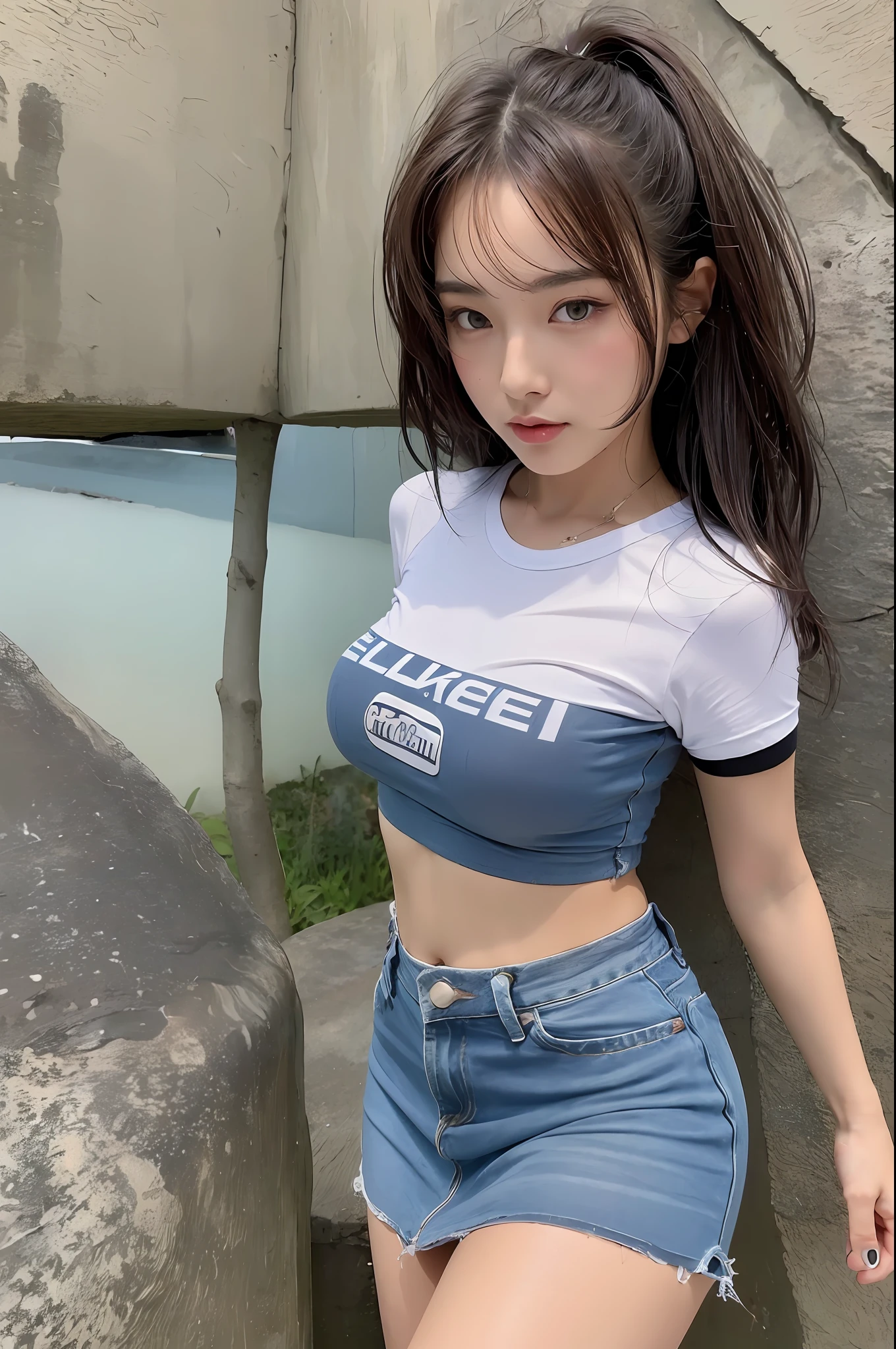(Top Quality, 4k, Masterpiece: 1.3), Beautiful Woman, Female 1 (Breasts, Attractive Body: 1.2), Abs: 1.1, Dark Brown Hair: 1.1, (Wet Body, Wet Body: 1.2), Ultra-Detailed Face, Detailed Lips, Detailed Eyes, Double Eyelids, Campsite, Sneakers, Chibi T-Shirt, Mini Skirt