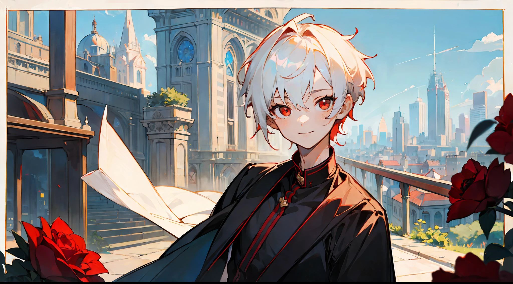 ((masterpiece)),(((best quality))), (high-quality, breathtaking),(expressive eyes, perfect face), short, young boy, short white hair, red eyes, smiling, black outfit, wear short shorts, shine, glow, red roses, city, cafe, blue sky up close, portrait