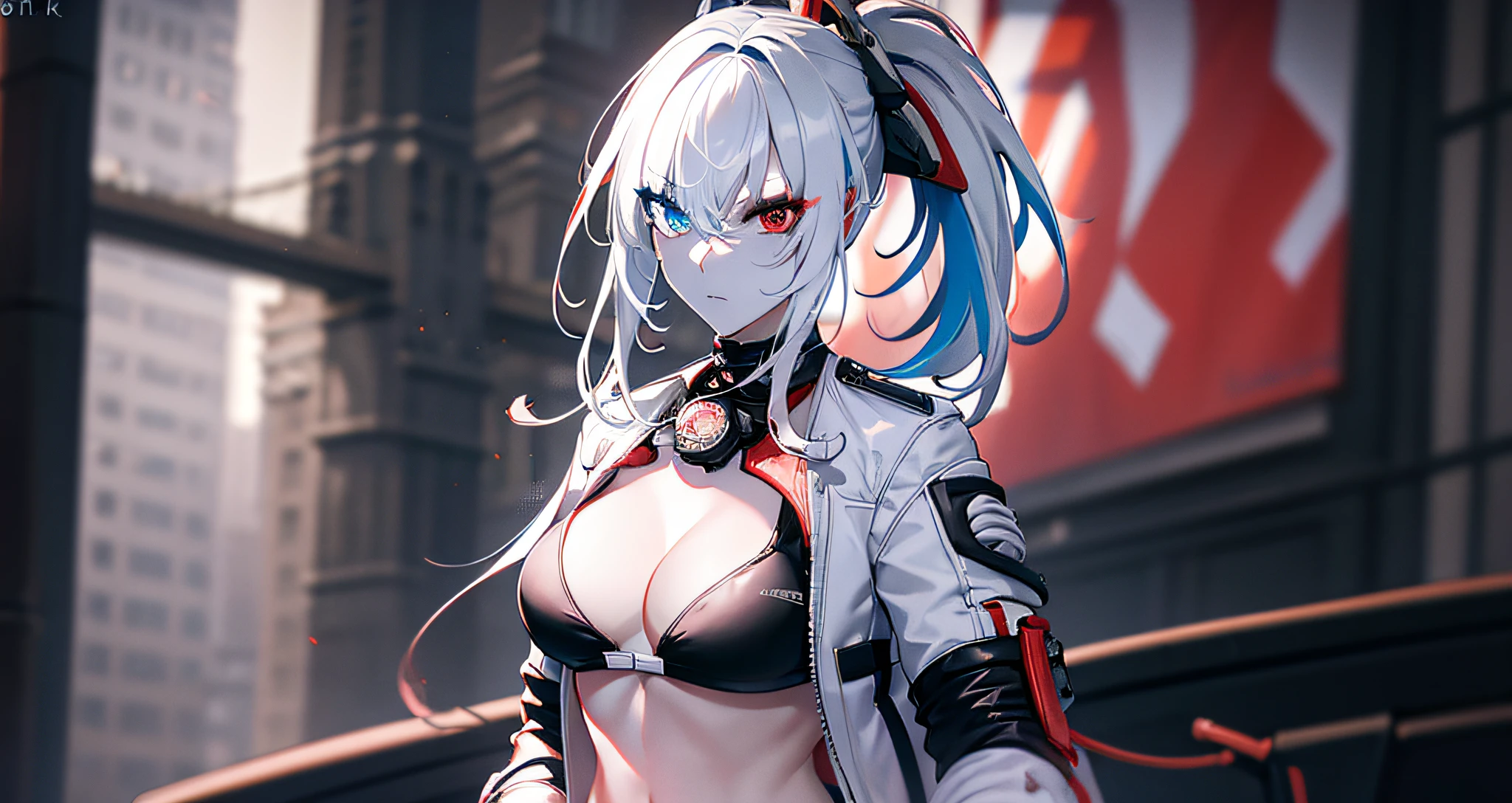 (city on fire in the background:1.2), blurry background, looking forward, silver hair, long stuck hair, image from thigh up, white jacket open, black bikini, visible abdomen, photo from waist up, volumetric lighting, white jacket, red katana on the back, multicolored eyes, (blue and red heterochromia1.4), detailed eyes, hyper detailed, serious face, slightly irritated, highly detailed, beautiful, small details, ultra detailed, best quality, intricate, hyper-realism, clear, digital illustration, detailed, realism, intricate, 4k, 8k, trends in the Arts Station, good anatomy, beautiful lighting, award-winning, photorealistic, realistic shadows, realistic lighting, beautiful lighting, raytracing, intricate details, moody, rule of thirds, masterpiece, (illustration: 1.1), hight resolution, (extremely detailed CG, unit, wallpaper 8k: 1.1), beautiful face, highly detailed face, ultra realistic, masterpiece, bokeh, extremely detailed, intricate, abdomen, small breasts, thin, colorful, vibrant colors, front view, small breasts, black pants with only 1 leg, hair stuck